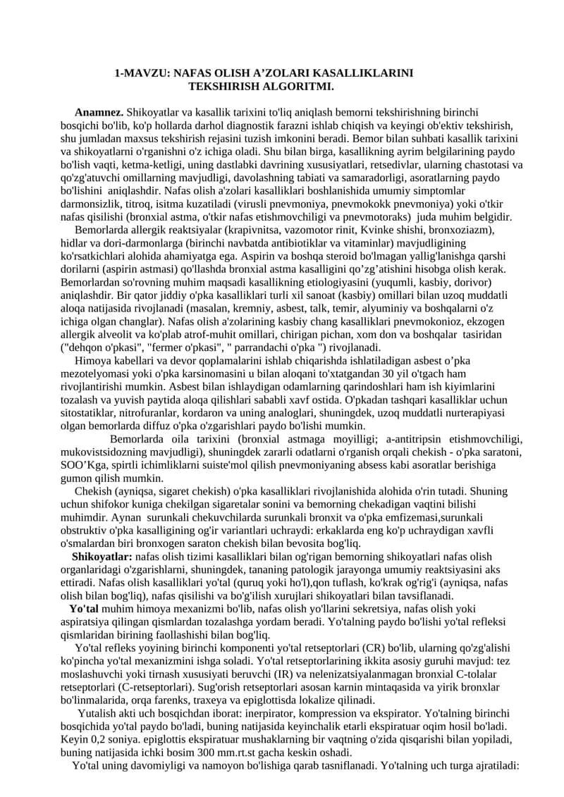NAFAS OLISH A’ZOLARI KASALLIKLARINI