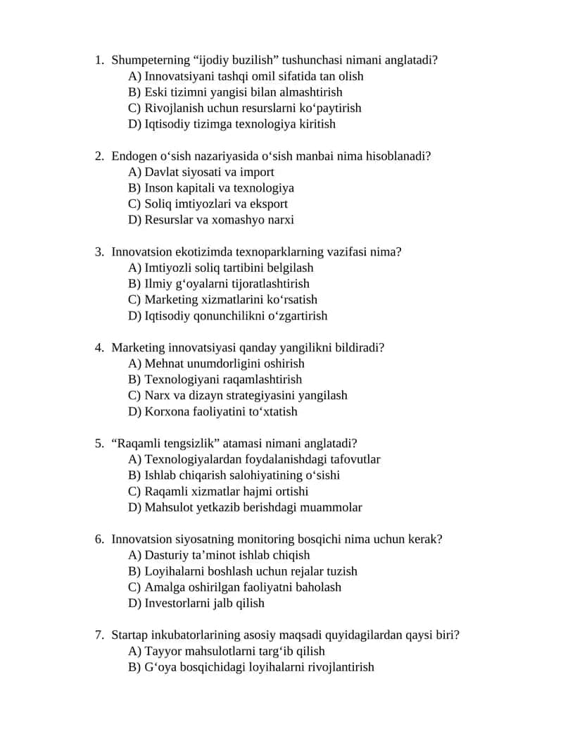 Innovatsion iqtisod yakuniy test savollari