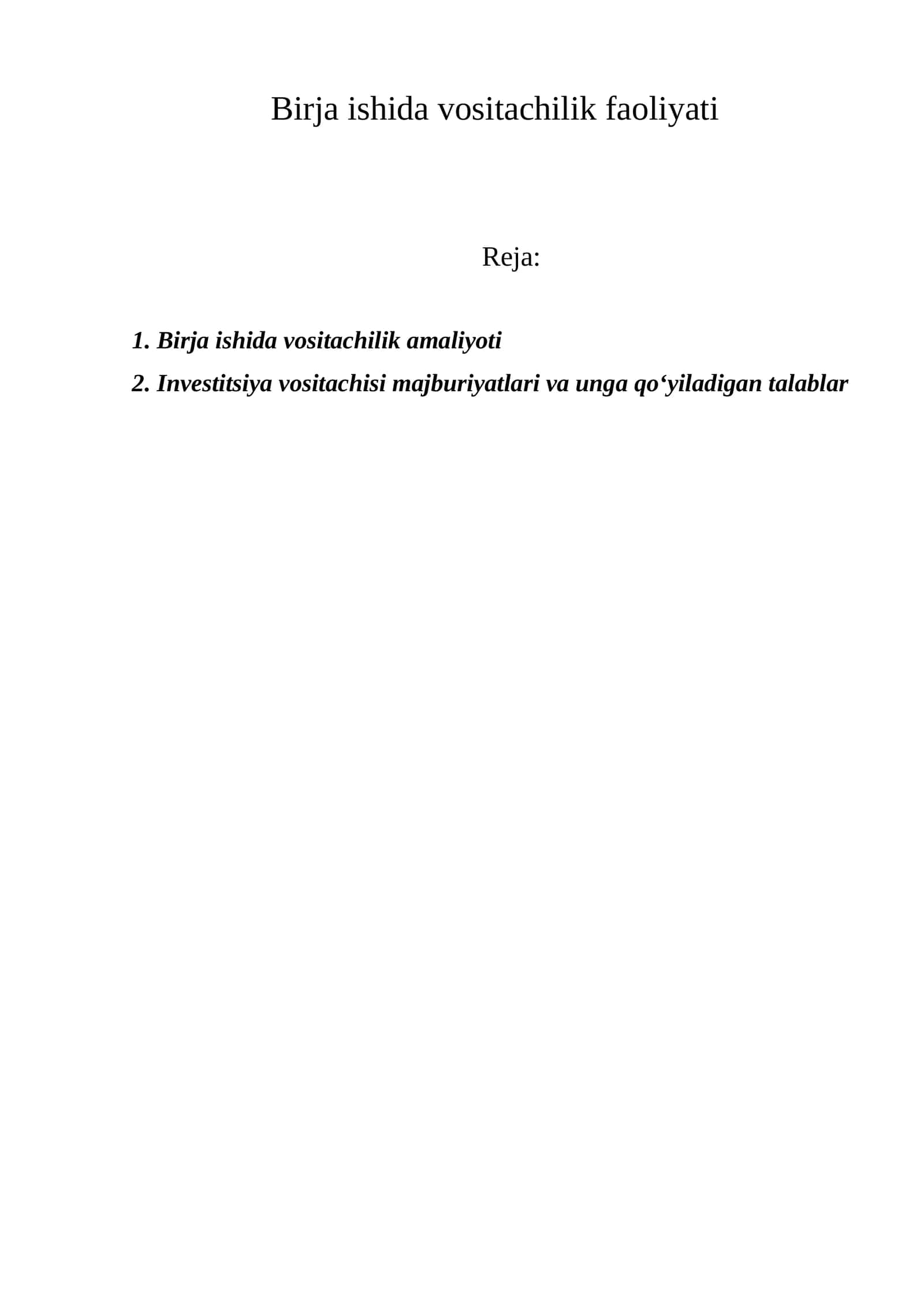Birja ishida vositachilik faoliyati
