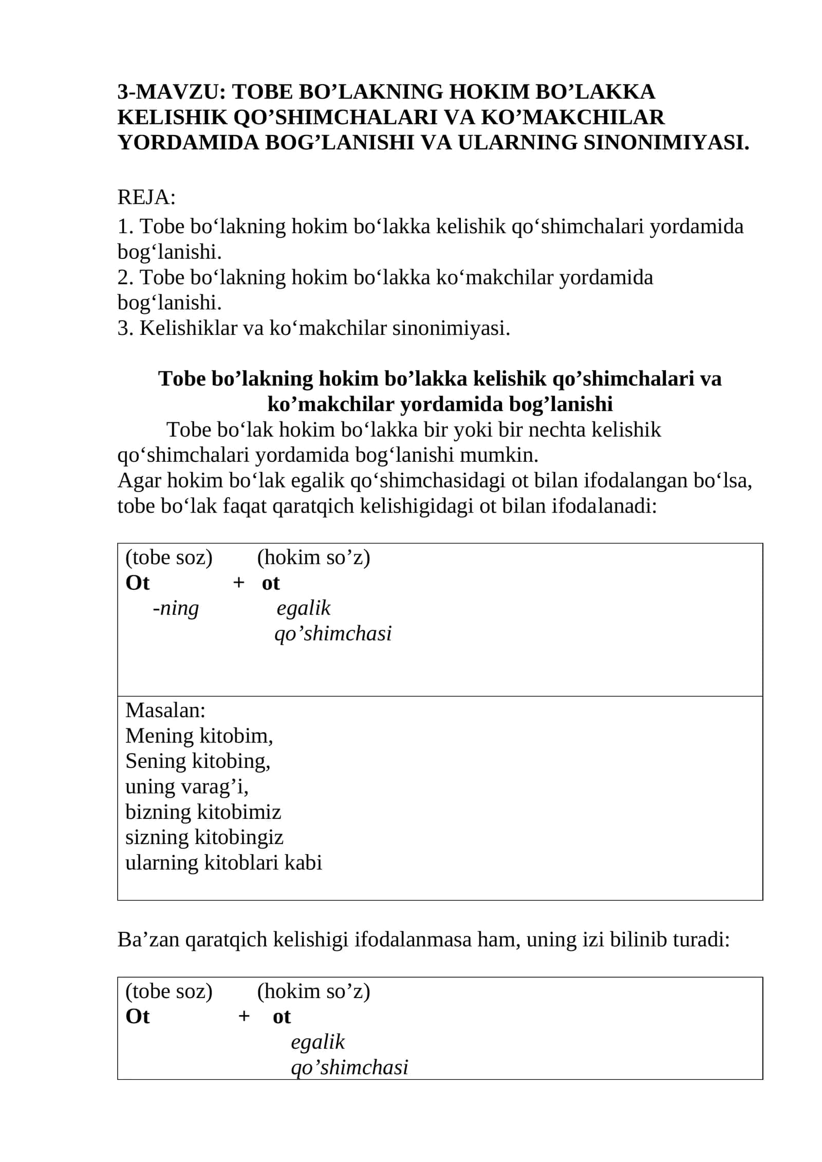 TOBE BO’LAKNING HOKIM BO’LAKKA KELISHIK QO’SHIMCHALARI VA KO’MAKCHILAR YORDAMIDA BOG’LANISHI VA ULARNING SINONIMIYASI