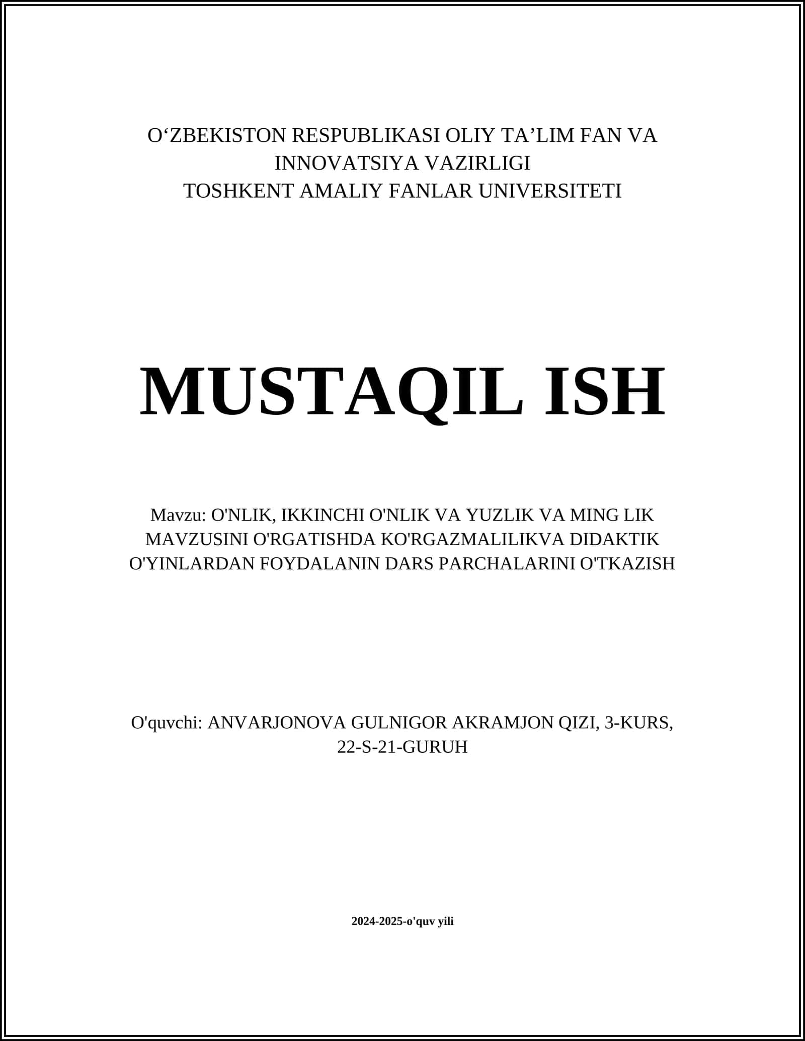 O'NLIK, IKKINCHI O'NLIK VA YUZLIK VA MING LIK MAVZUSINI O'RGATISHDA KO'RGAZMALILIKVA DIDAKTIK O'YINLARDAN FOYDALANIN DARS PARCHALARINI O'TKAZISH