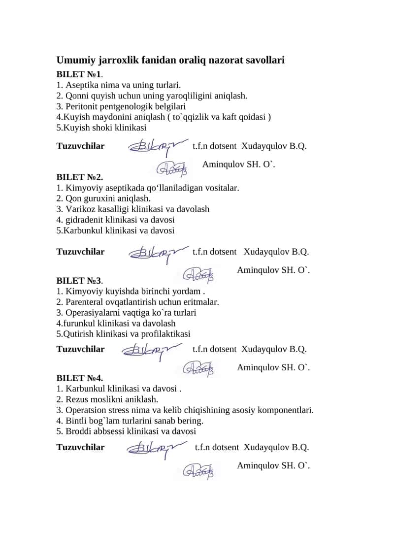 Umumiy jarroxlik fanidan oraliq nazorat savollari