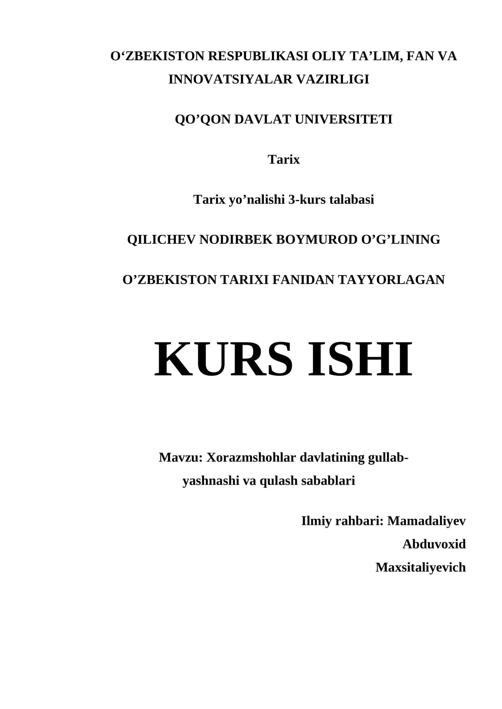 Xorazmshohlar davlatining gullab-yashnashi va qulash sabablari kurs ishi
