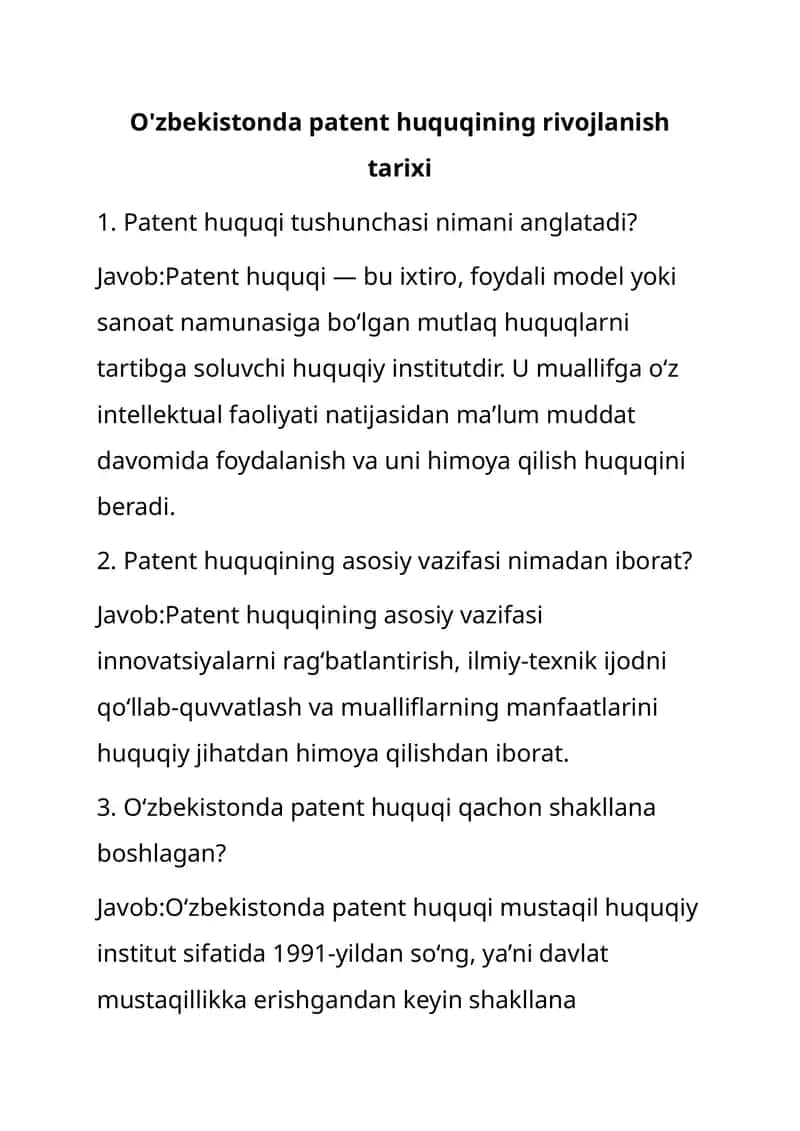 O'zbekistonda Patent huquqining rivojlanish tarixi