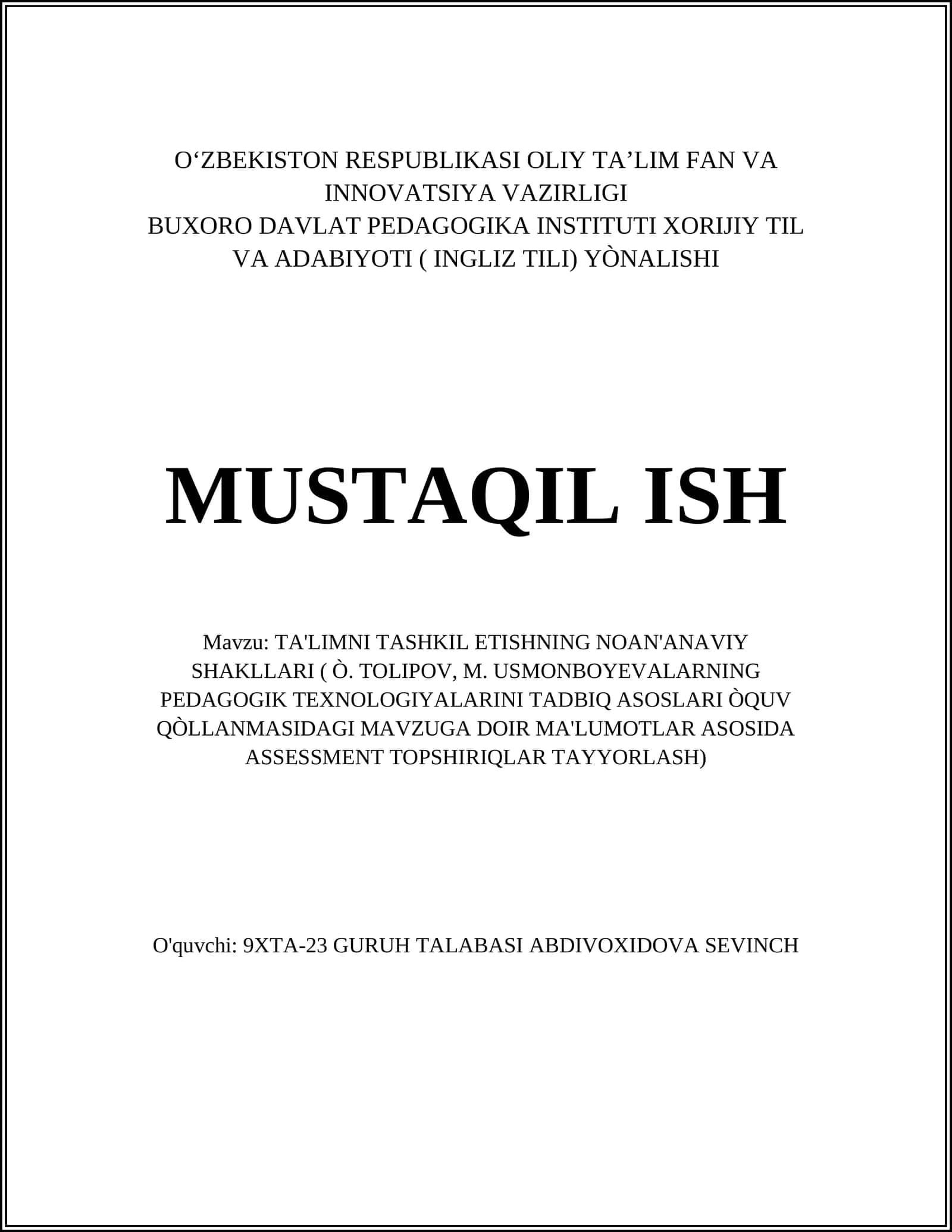TA'LIMNI TASHKIL ETISHNING NOAN'ANAVIY SHAKLLARI