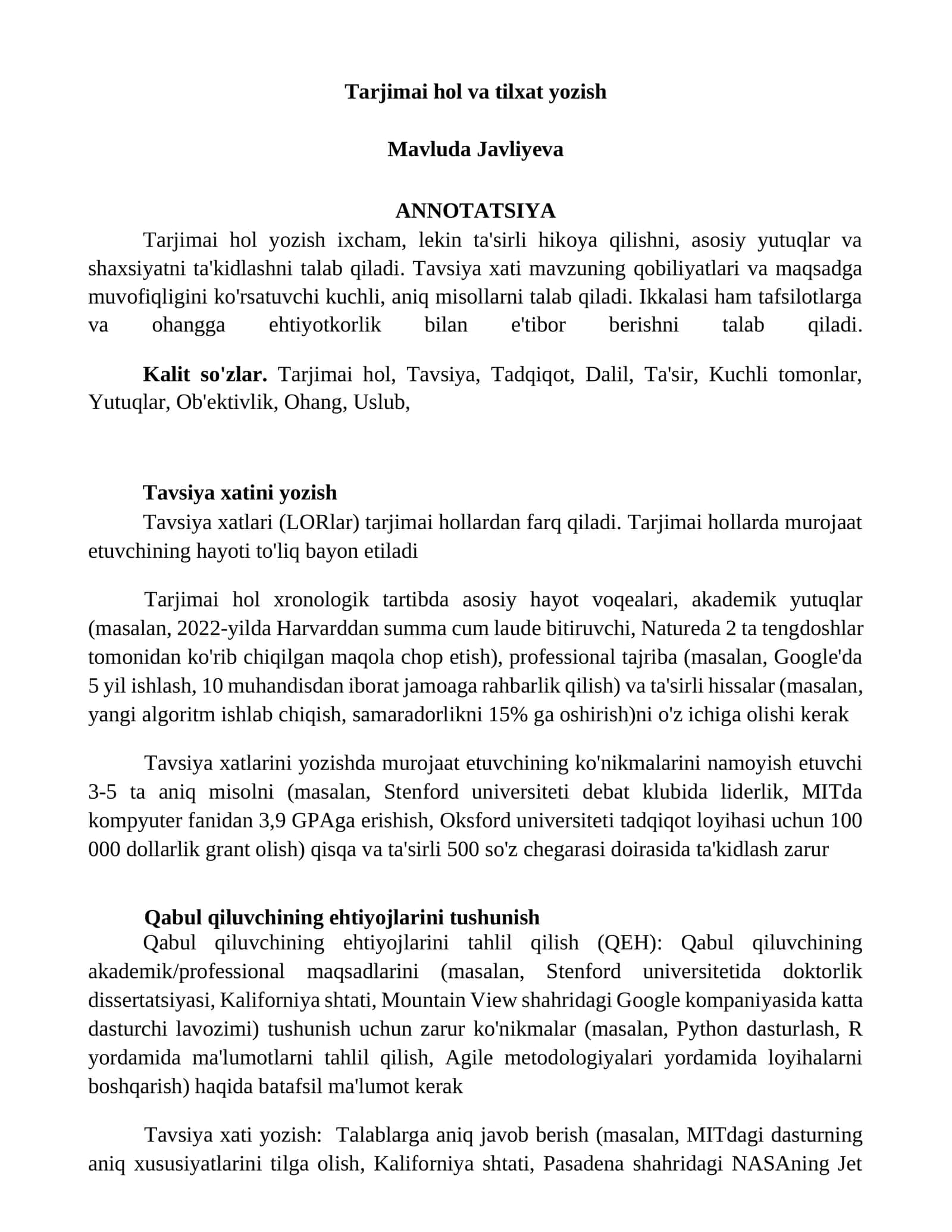 Tarjimai hol va tilxat yozish