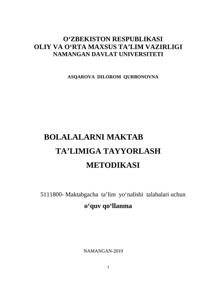 BOLALARNI MAKTAB TA’LIMIGA TAYYORLASH METODIKASI