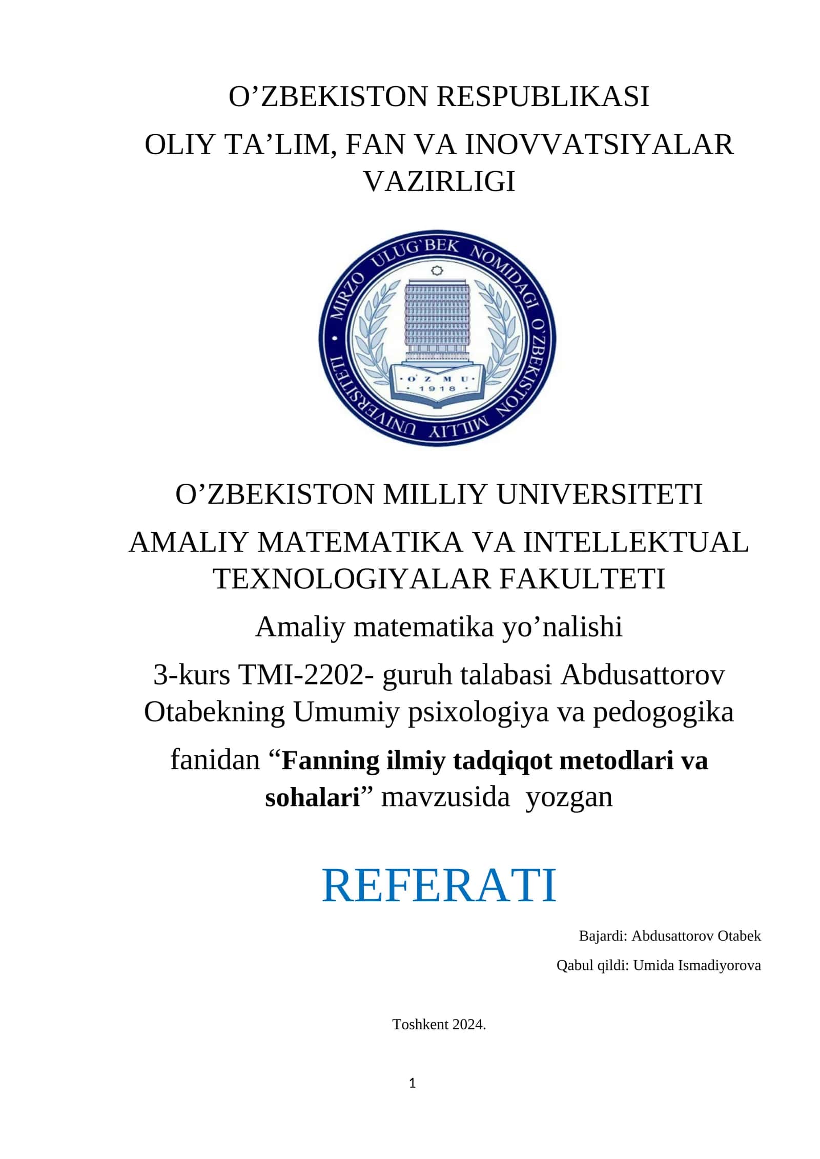 Fanning ilmiy tadqiqot metodlari va sohalari