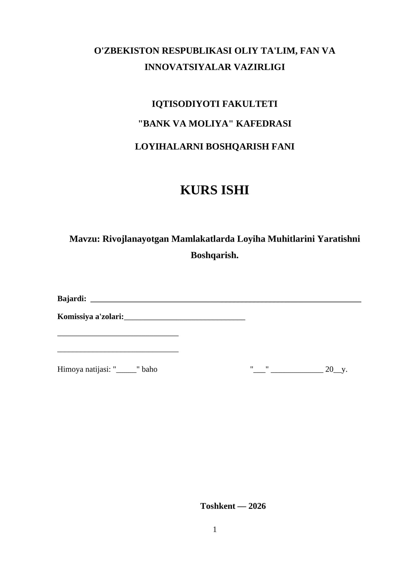 Rivojlanayotgan Mamlakatlarda Loyiha Muhitlarini Yaratishni Boshqarish