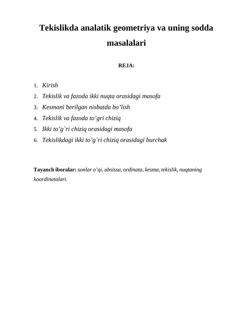 Tekislikda analatik geometriya va uning sodda masalalari