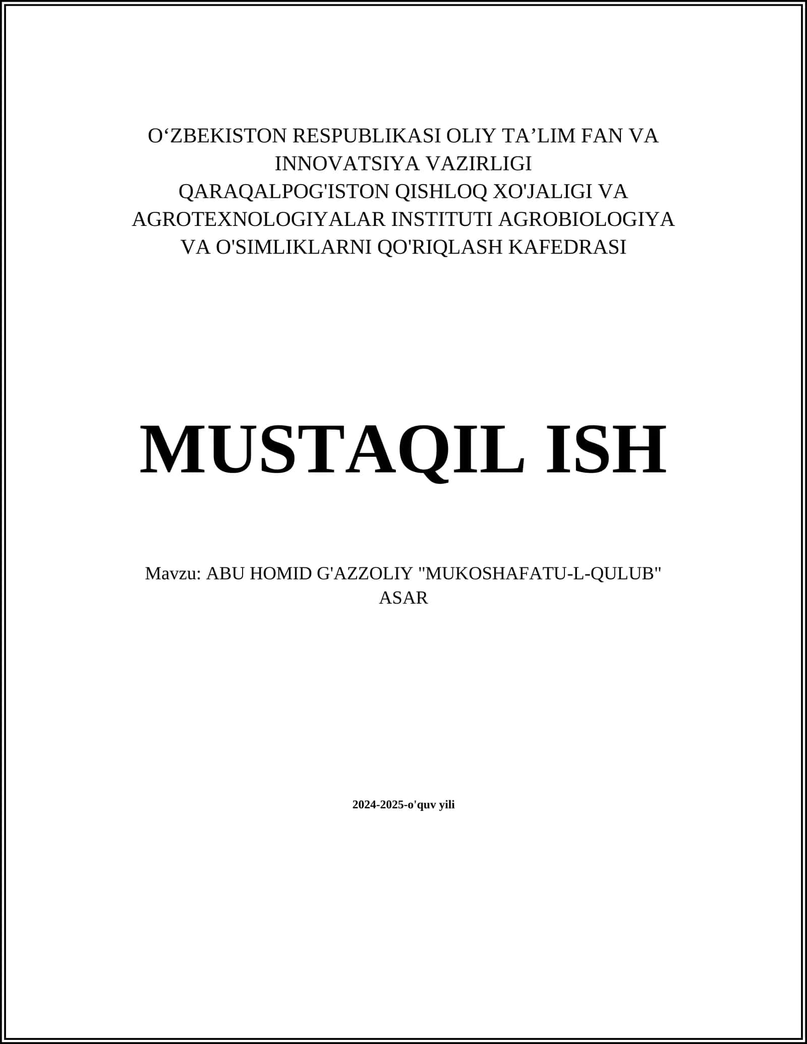 ABU HOMID G'AZZOLIY "MUKOSHAFATU-L-QULUB" ASAR