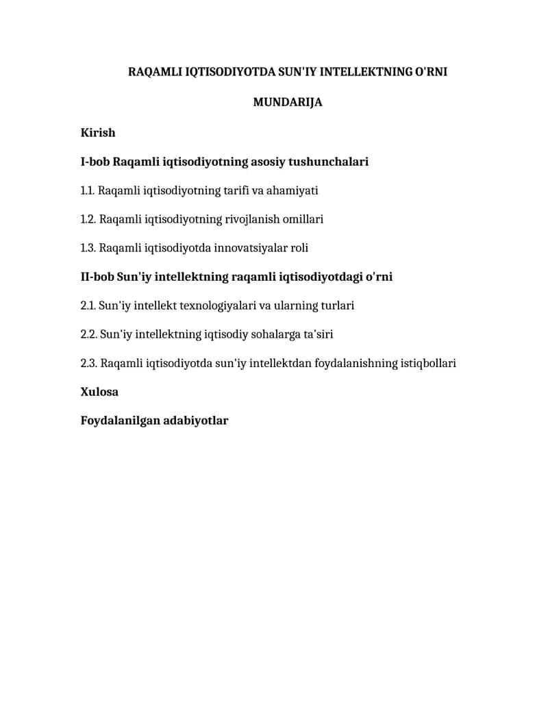 RAQAMLI IQTISODIYOTDA SUN'IY INTELLEKTNING O'RNI