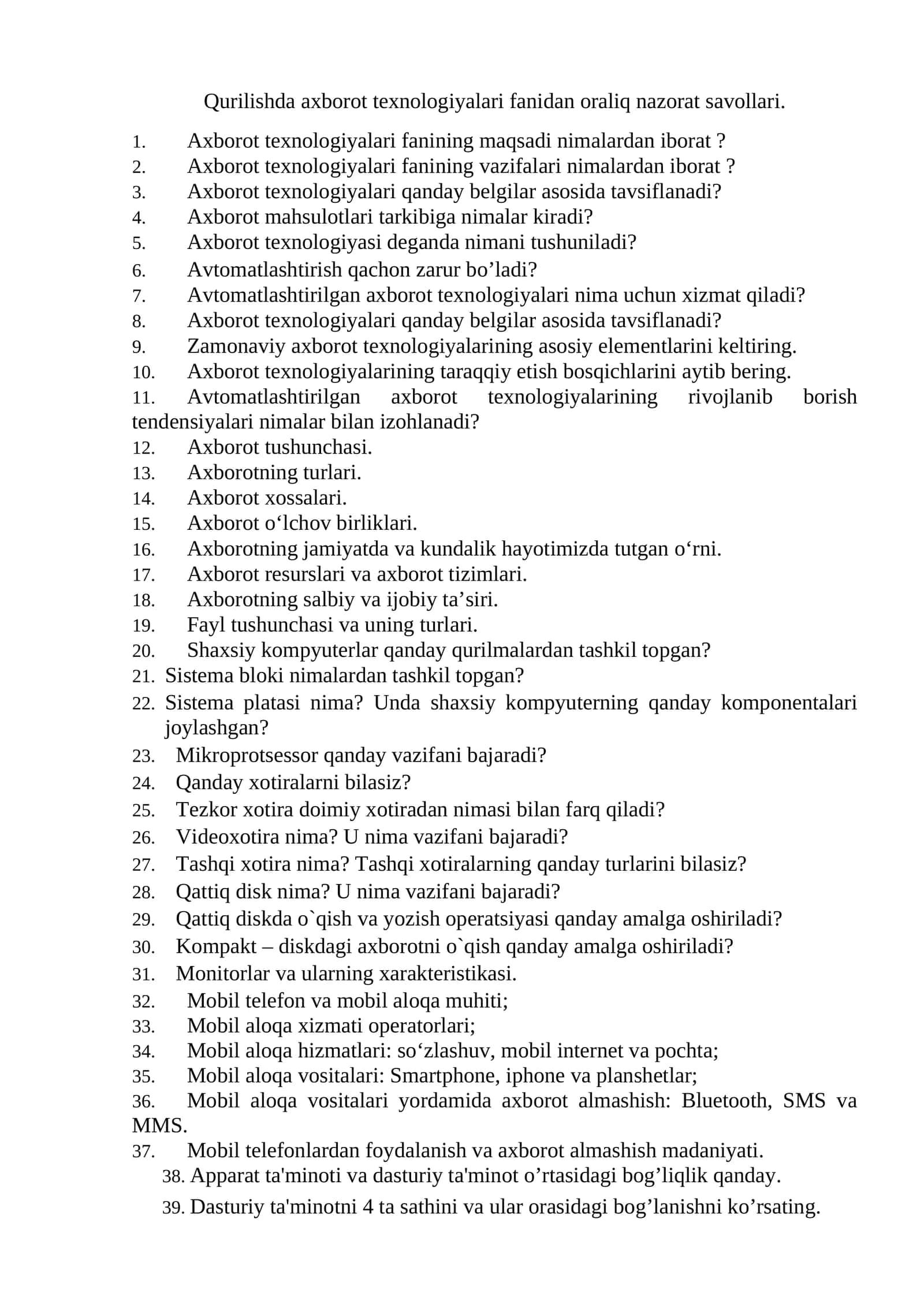 Axborot texnologiyalari fanidan oraliq nazorat savollari