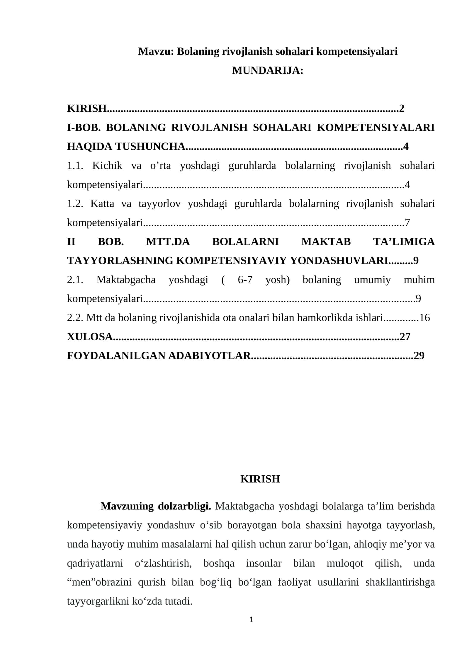 Bolaning rivojlanish sohalari kompetensiyalari