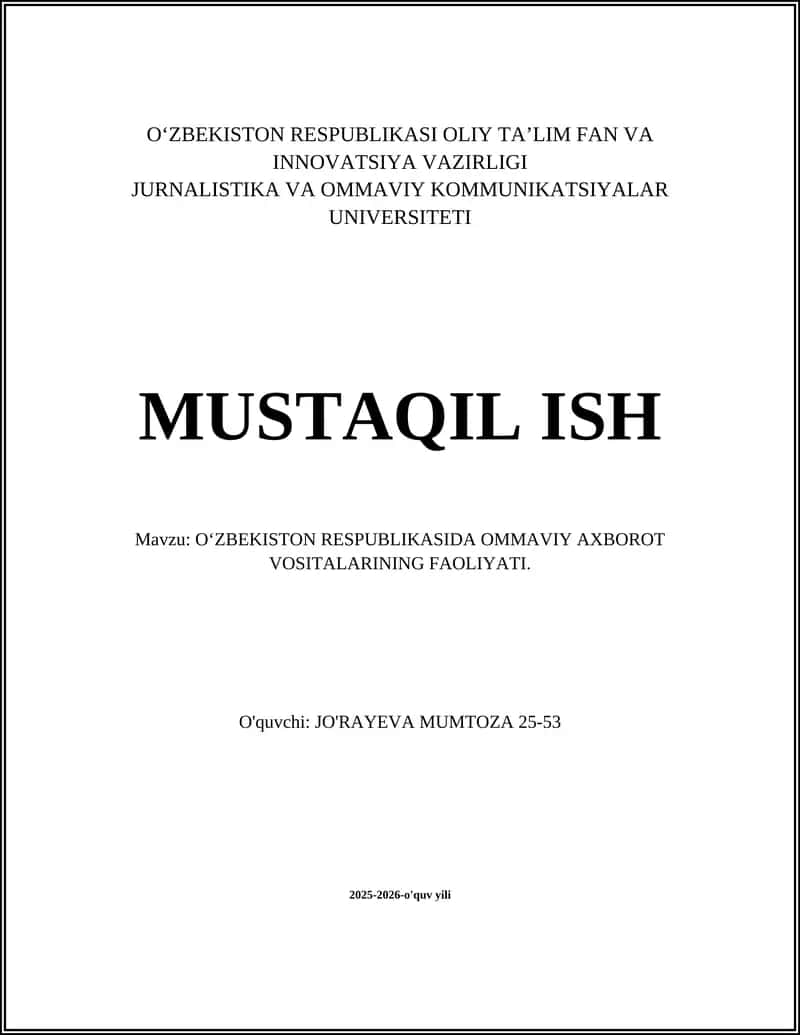 O'zbekiston Respiblikasida Ommaviy Axborot Vositalari Faoliyati