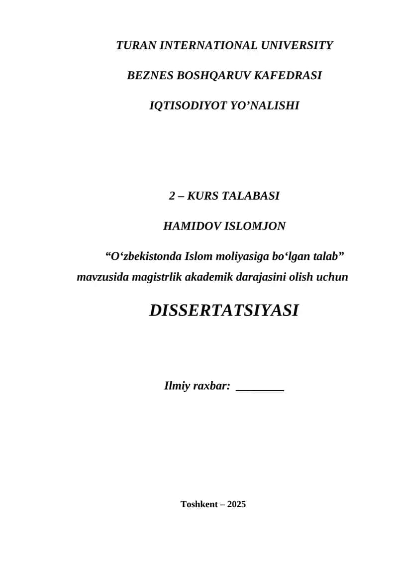 "O‘zbekistonda Islom moliyasiga bo‘lgan talab" dissertatsiyasi