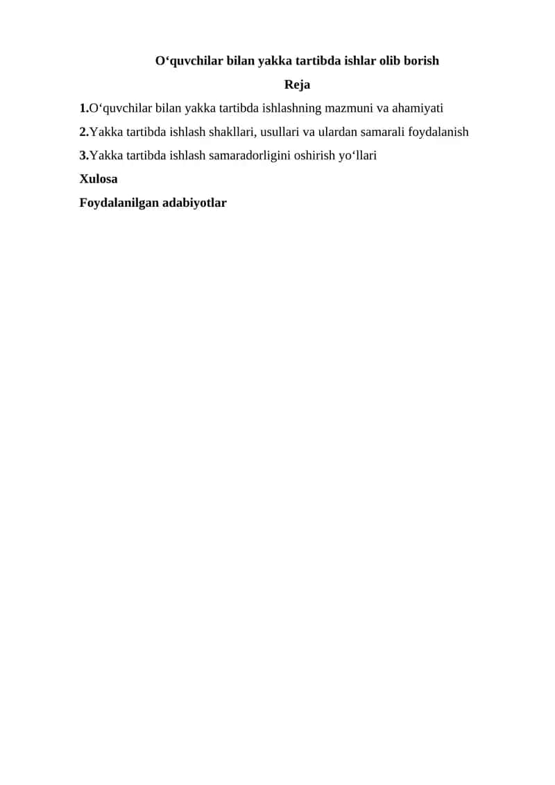 O‘quvchilar bilan yakka tartibda ishlar olib borish