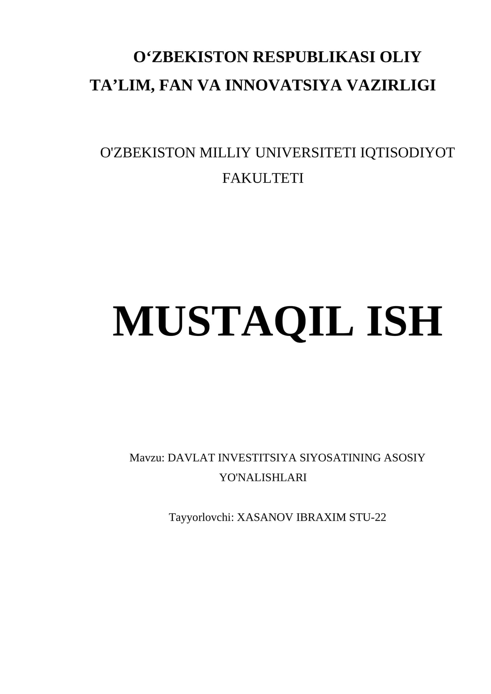 DAVLAT INVESTITSIYA SIYOSATINING ASOSIY YO'NALISHLARI