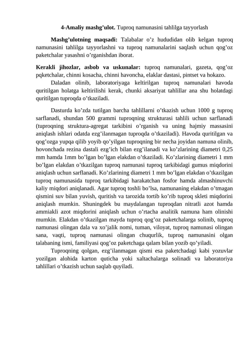 Tuproq namunasini tahlilga tayyorlash