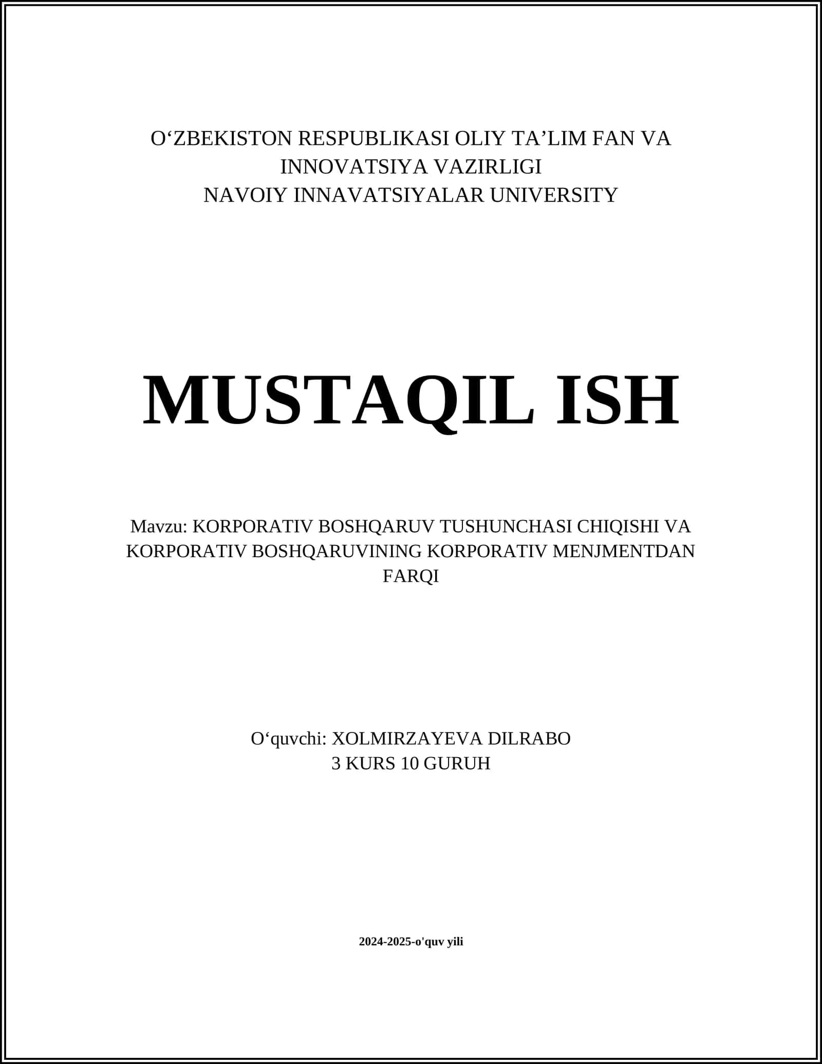 KORPORATIV BOSHQARUV TUSHUNCHASI