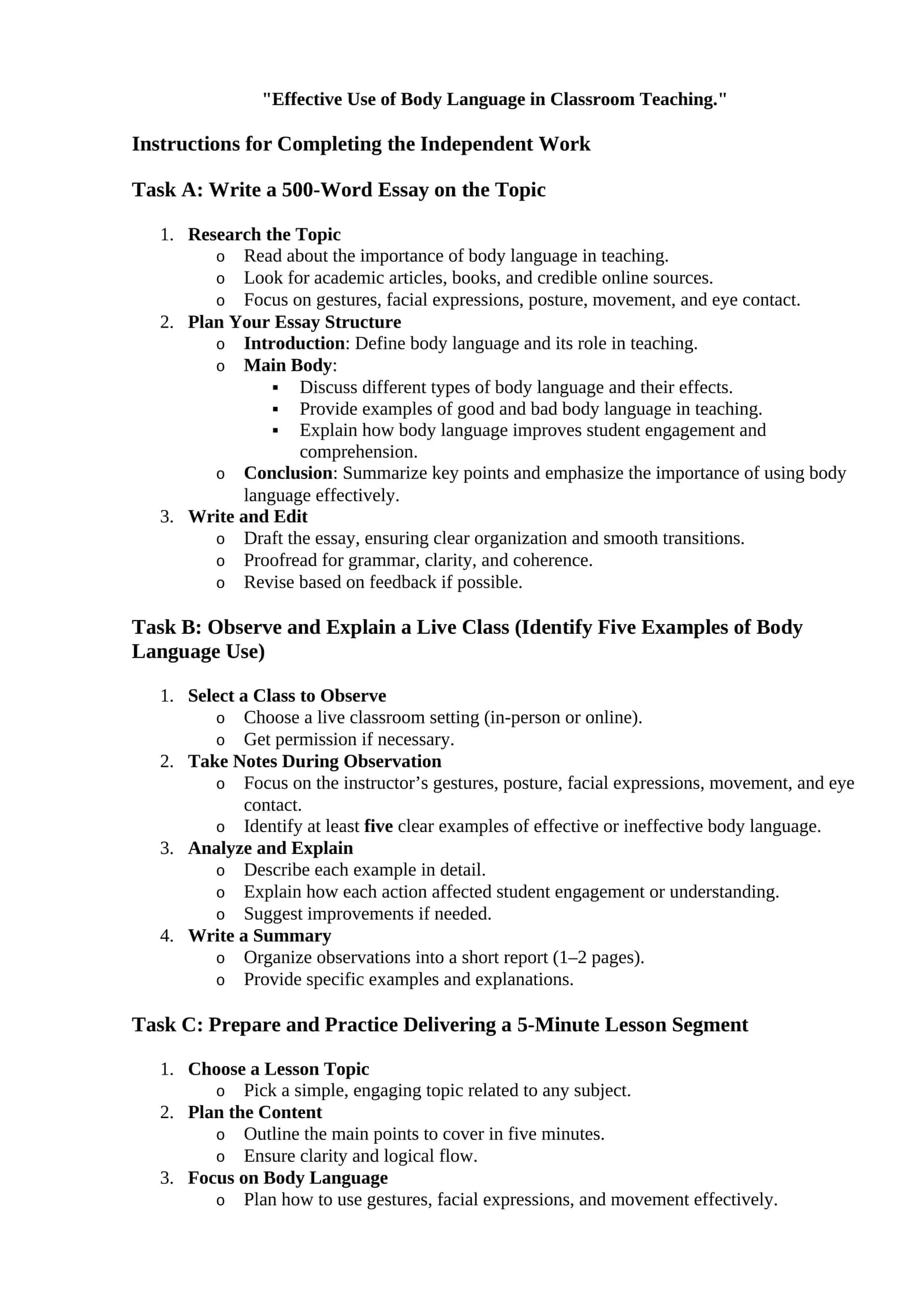 Instructions for Completing the Independent Work