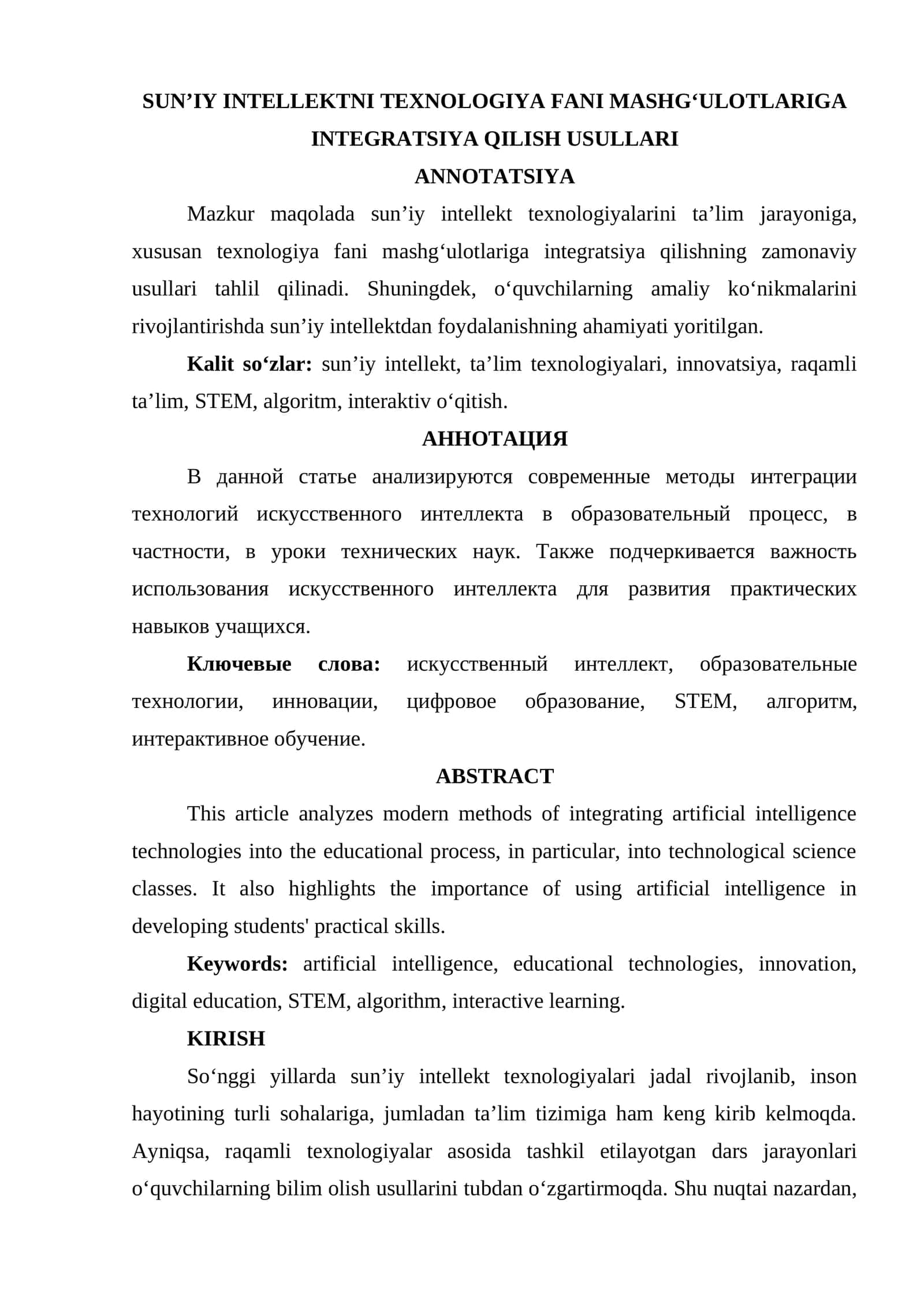 SUN’IY INTELLEKTNI TEXNOLOGIYA FANI MASHG‘ULOTLARIGA INTEGRATSIYA QILISH USULLARI