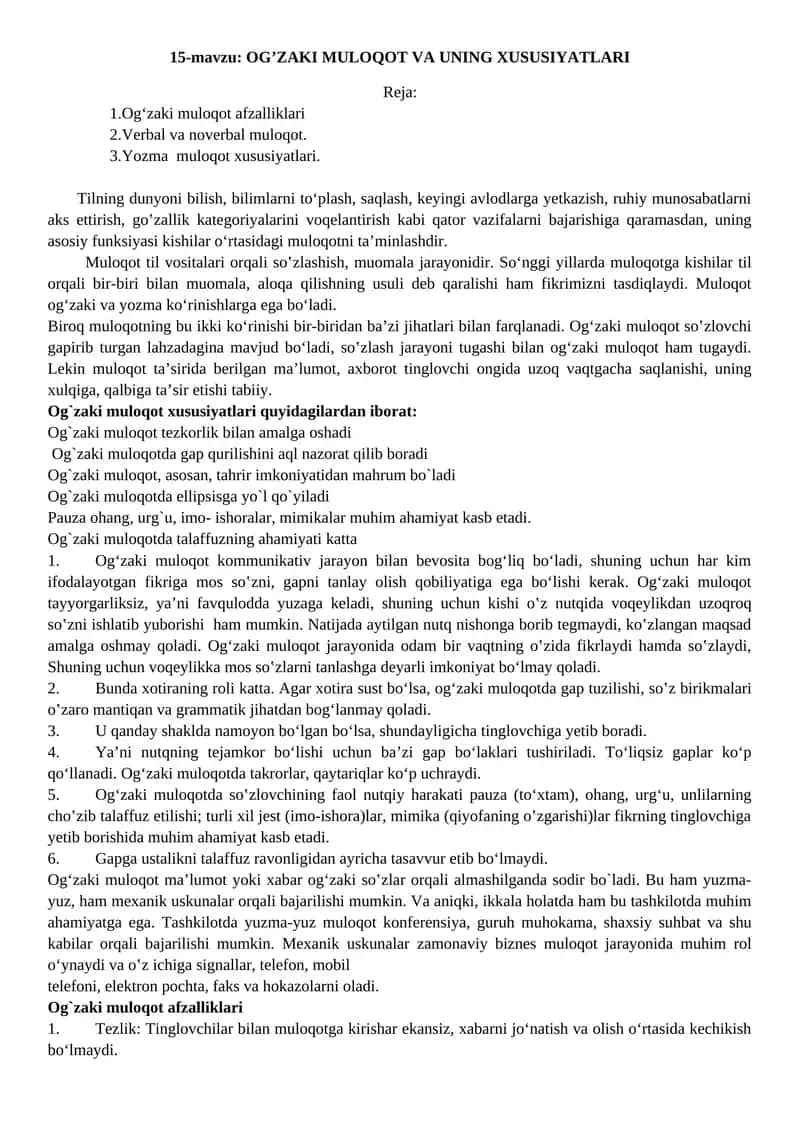 OG’ZAKI MULOQOT VA UNING XUSUSIYATLARI