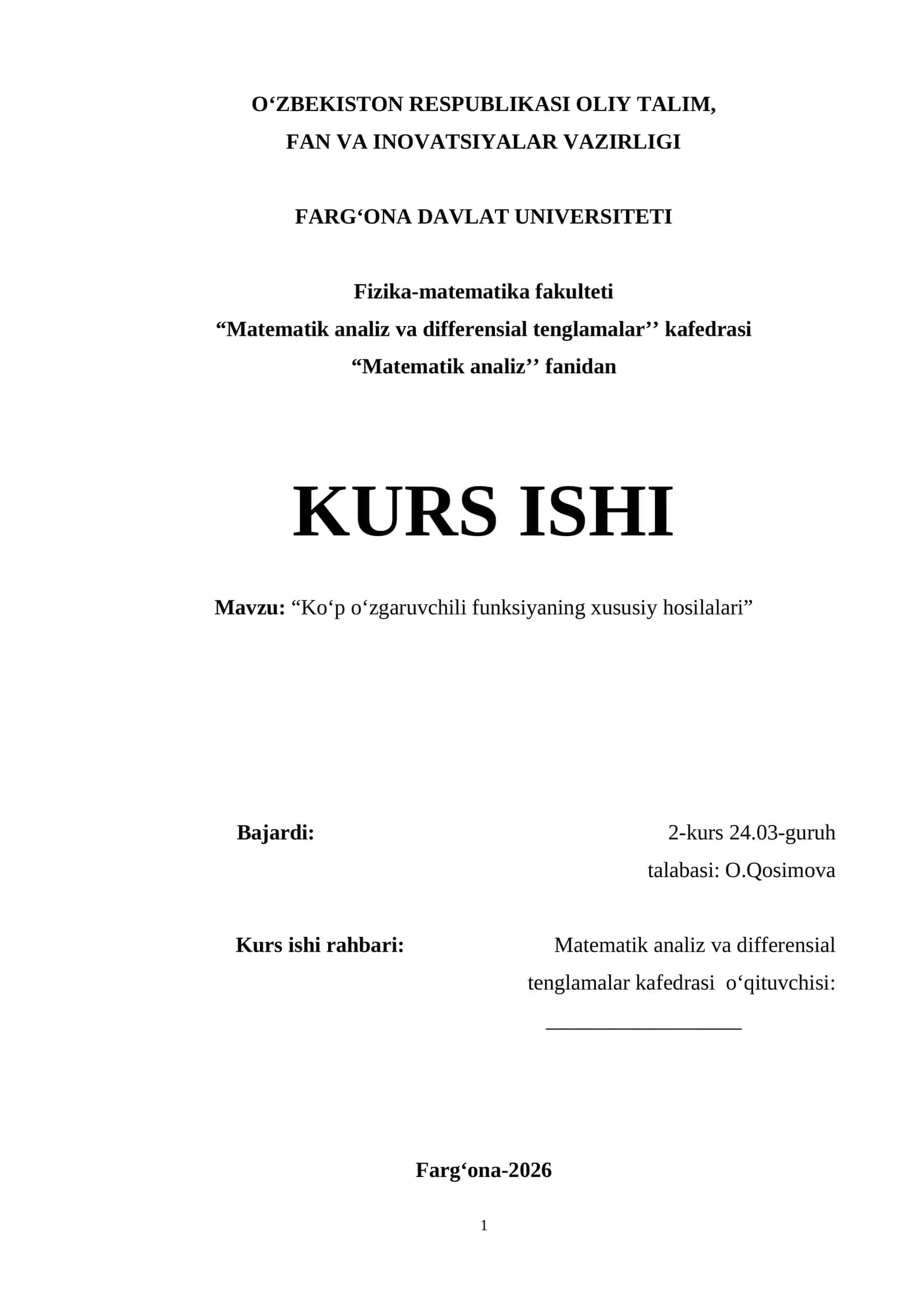 Ko‘p o‘zgaruvchili funksiyaning xususiy hosilalari 26