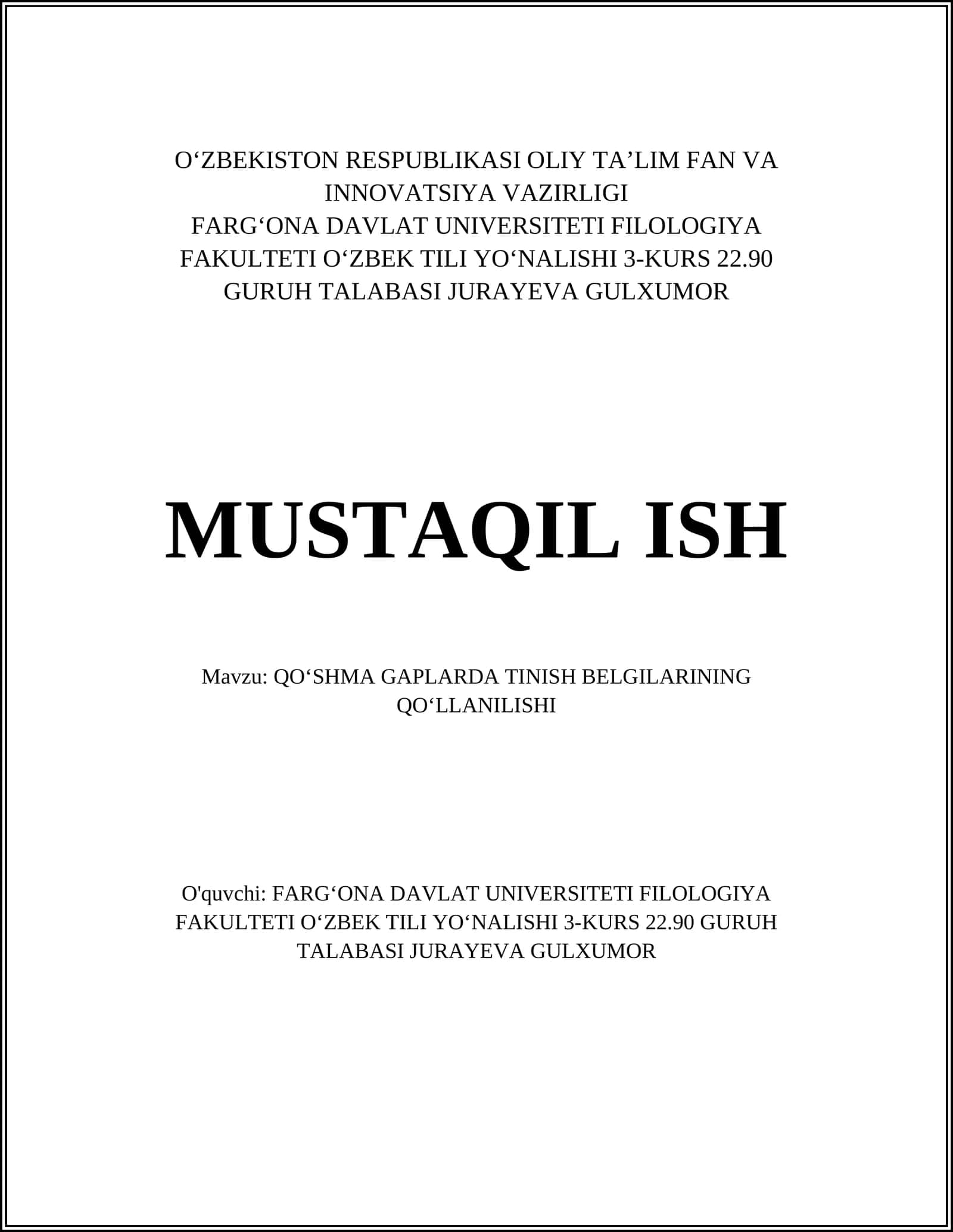 QO‘SHMA GAPLARDA TINISH BELGILARINING QO‘LLANILISHI