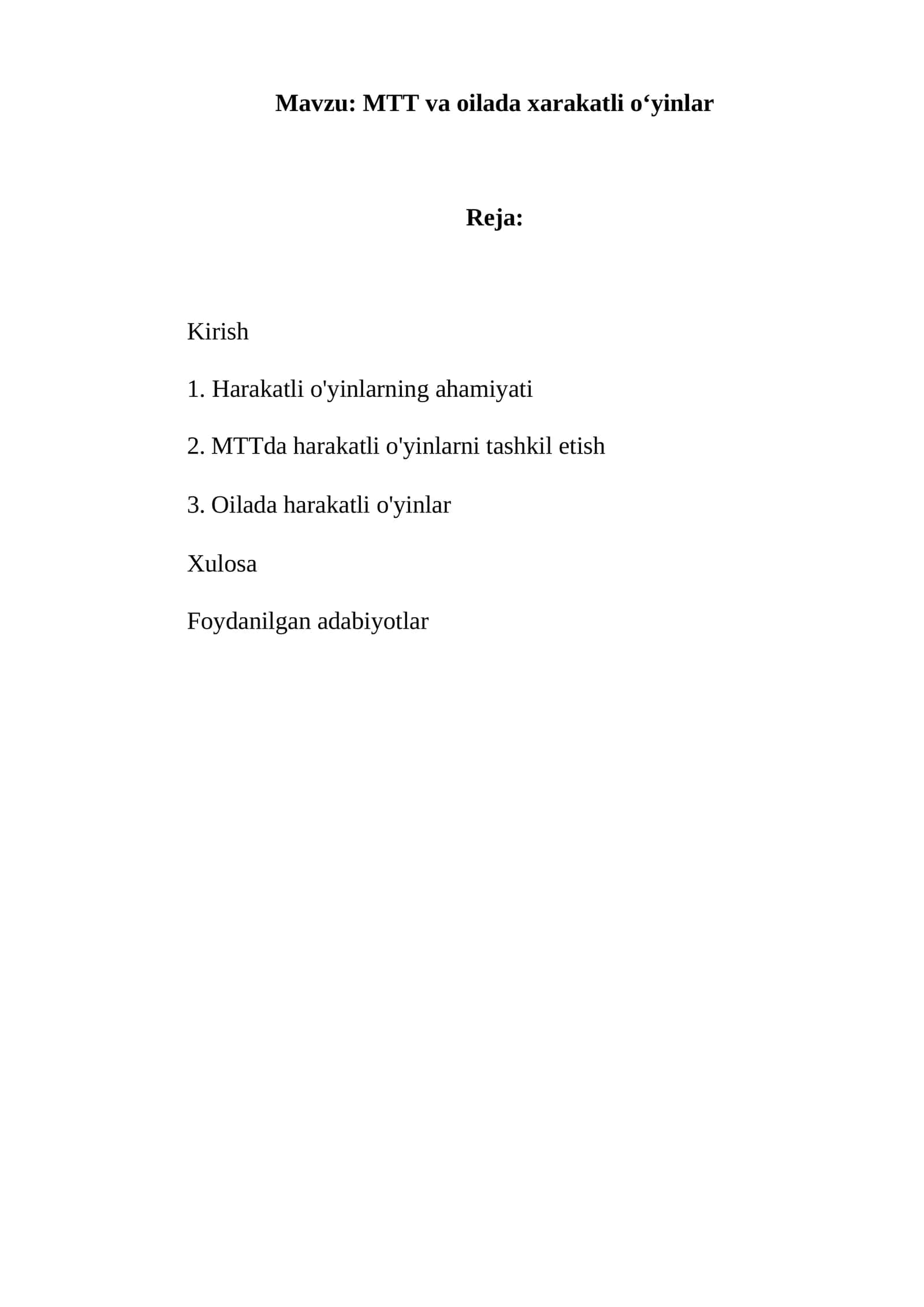 MTT va oilada xarakatli oʻyinlar