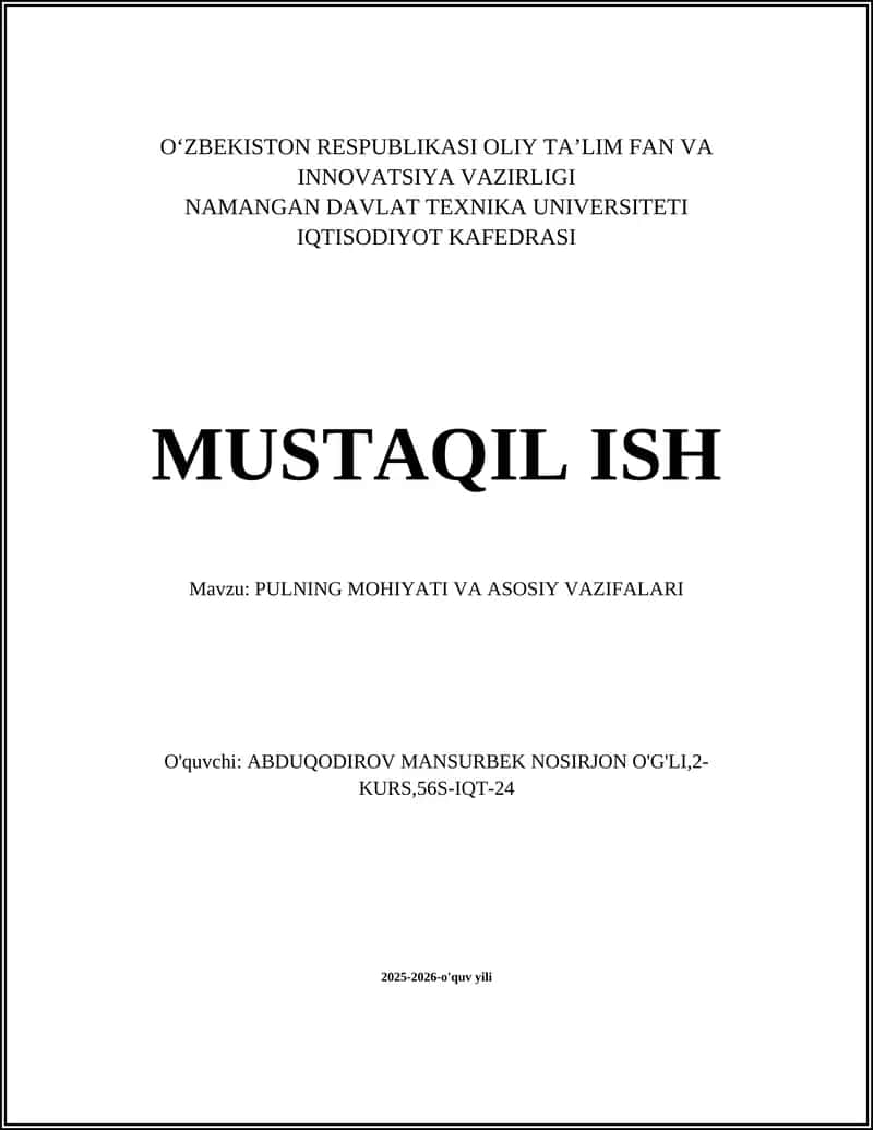 PULNING MOHIYATI VA ASOSIY VAZIFALARI