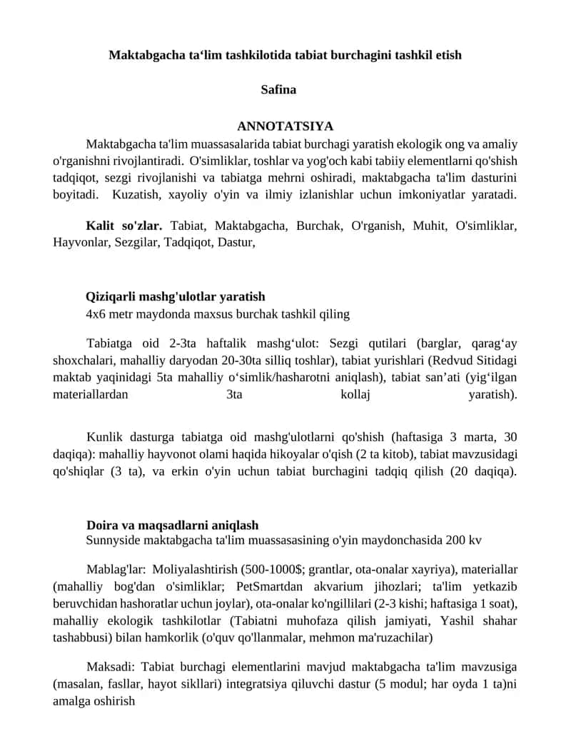 Maktabgacha ta‘lim tashkilotida tabiat burchagini tashkil etish
