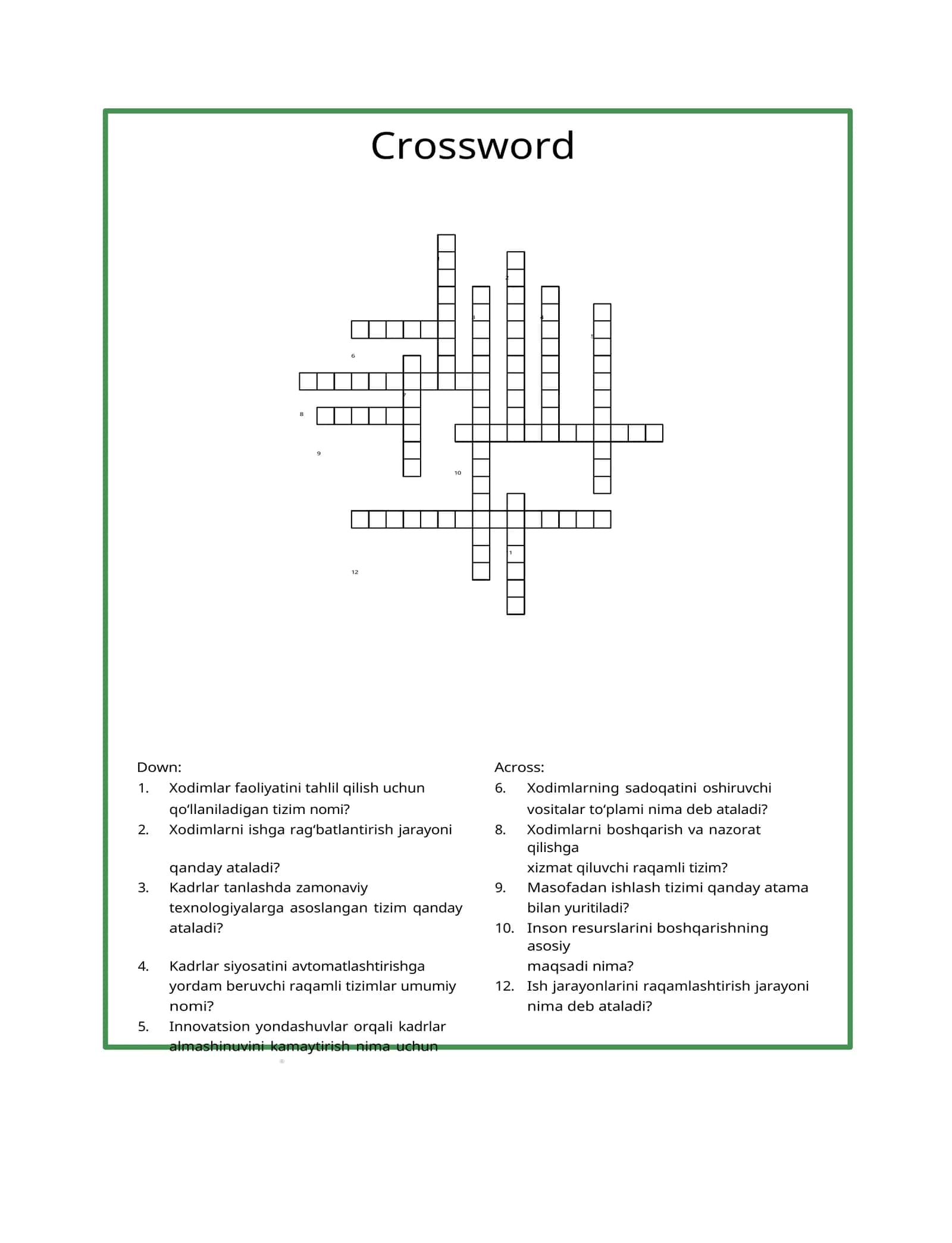 Crossword inson resurslarini boshqarish fanidan