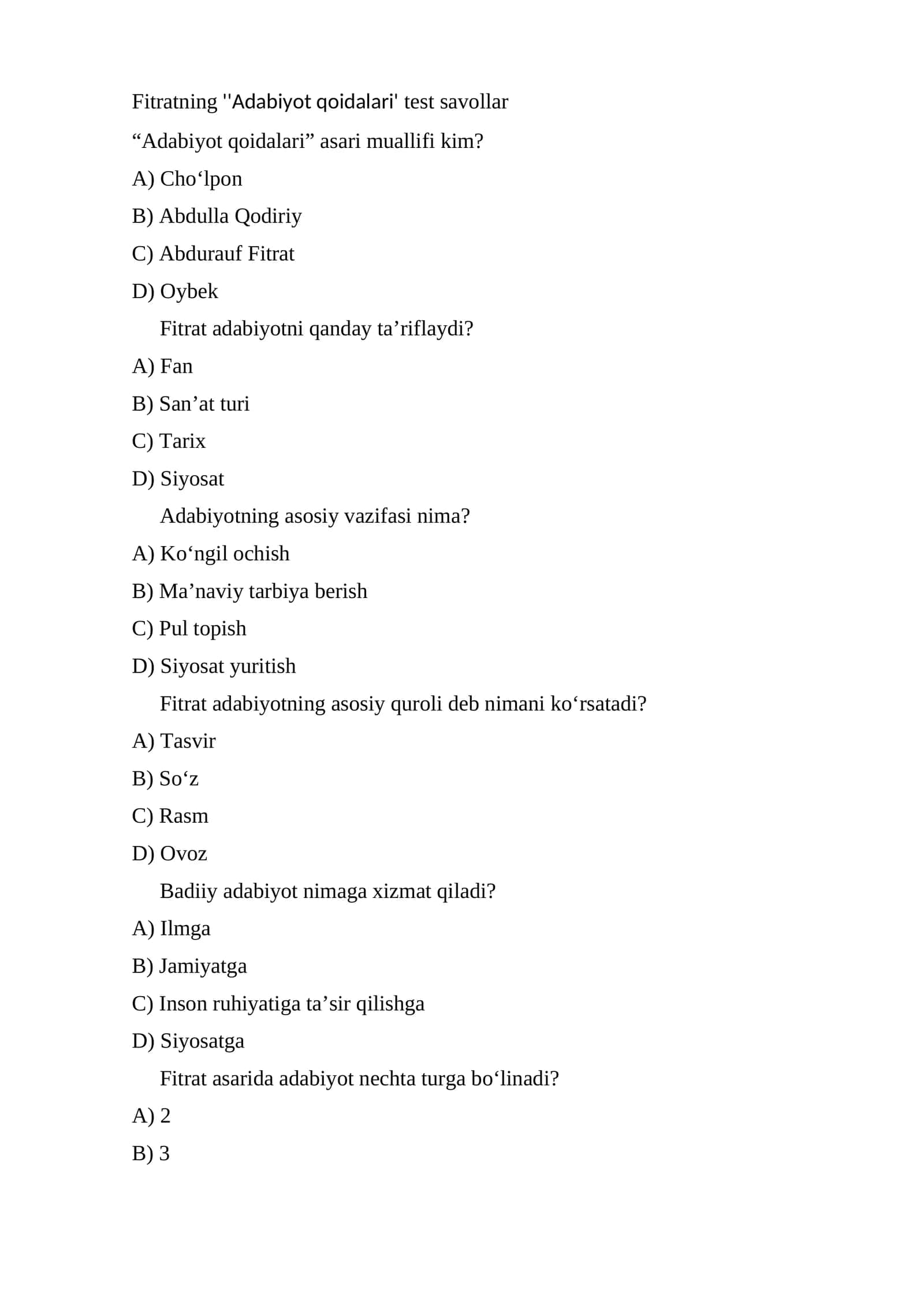 Fitratning ''Adabiyot qoidalari' test savollar