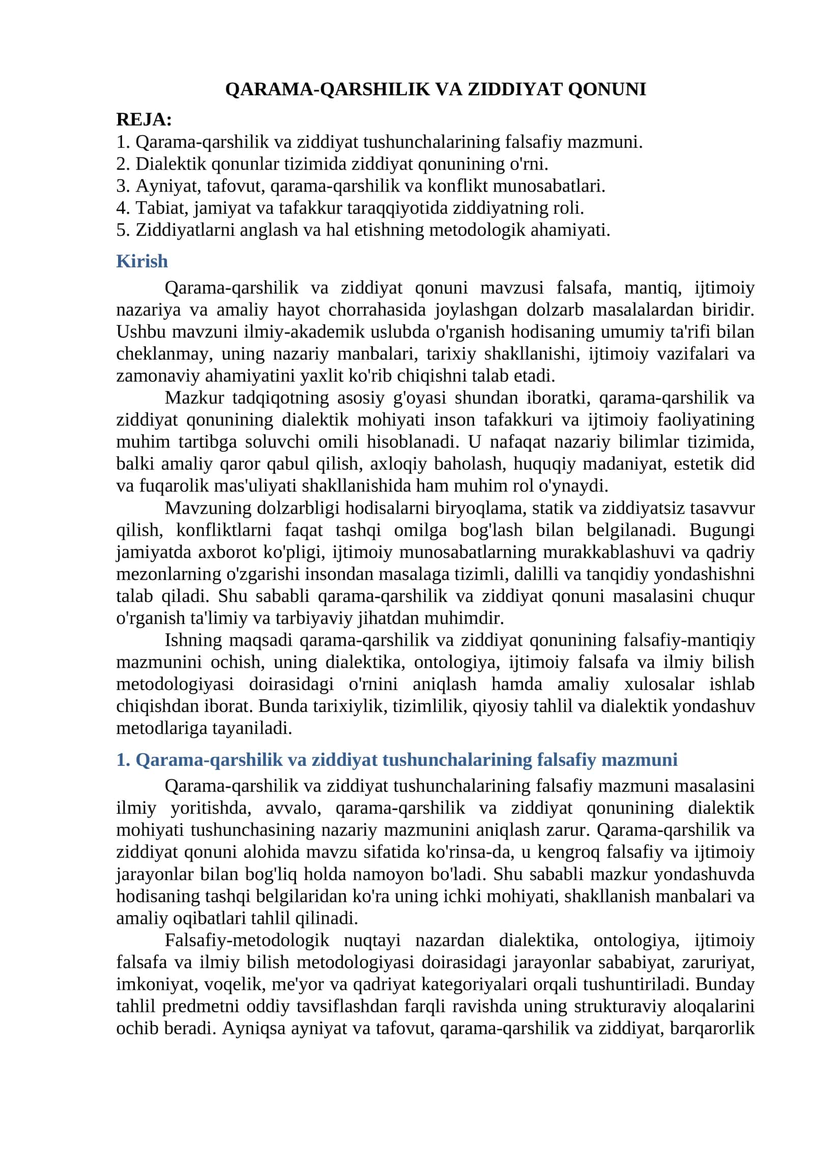 QARAMA-QARSHILIK VA ZIDDIYAT QONUNI