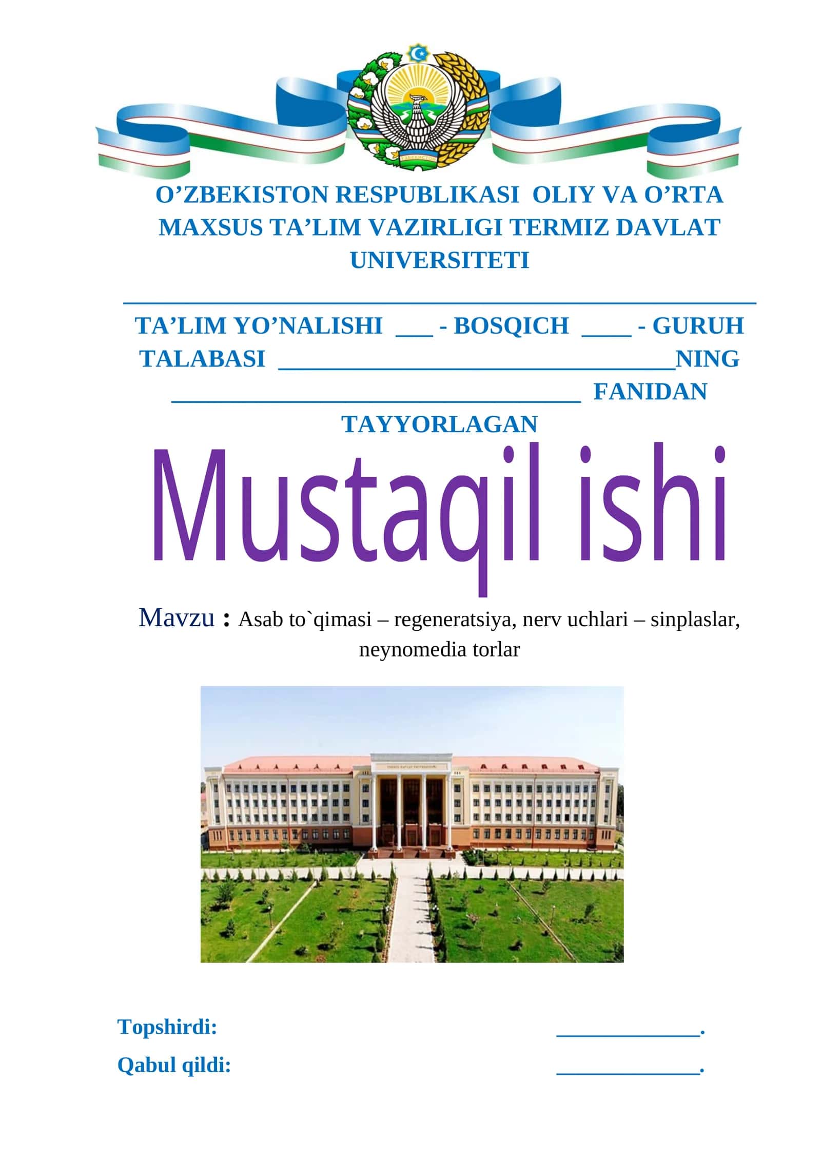 Asab to`qimasi - regeneratsiya, nerv uchlari - sinplaslar, neynomedia torlar