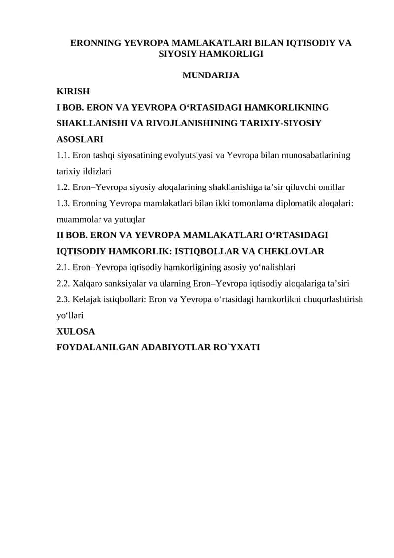 ERONNING YEVROPA MAMLAKATLARI BILAN IQTISODIY VA SIYOSIY HAMKORLIGI