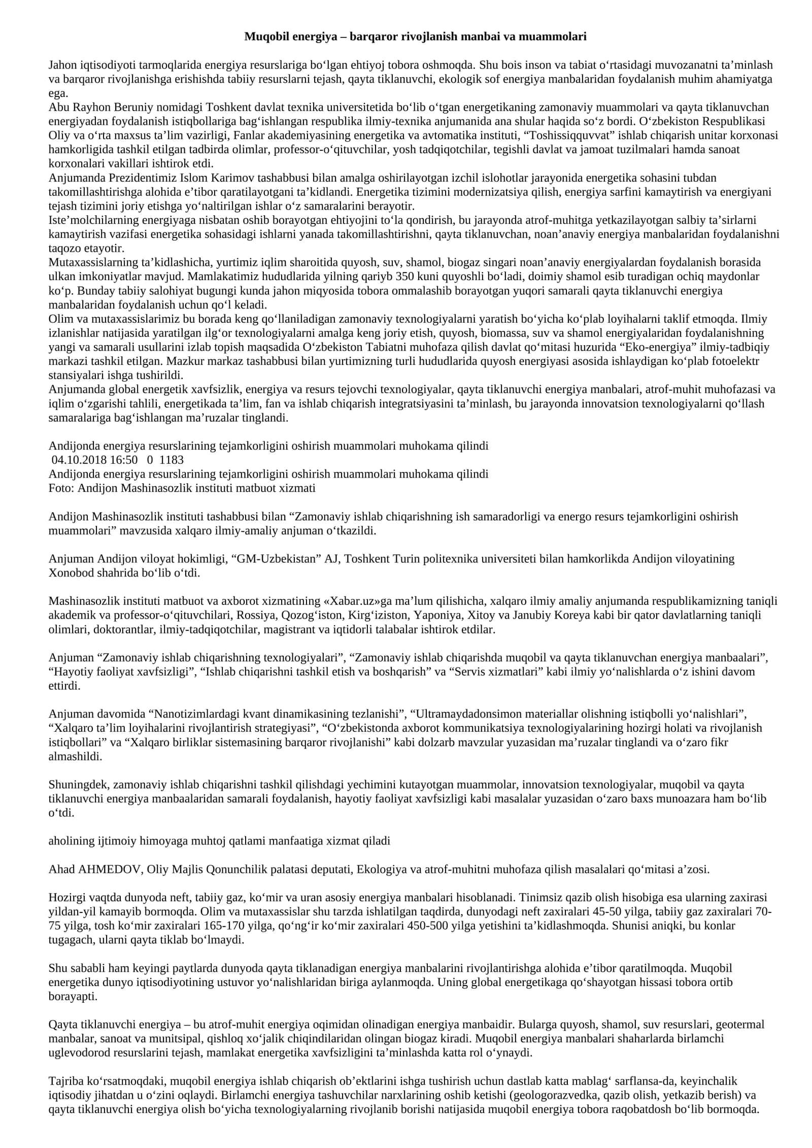 Muqobil energiya – barqaror rivojlanish manbai va muammolari