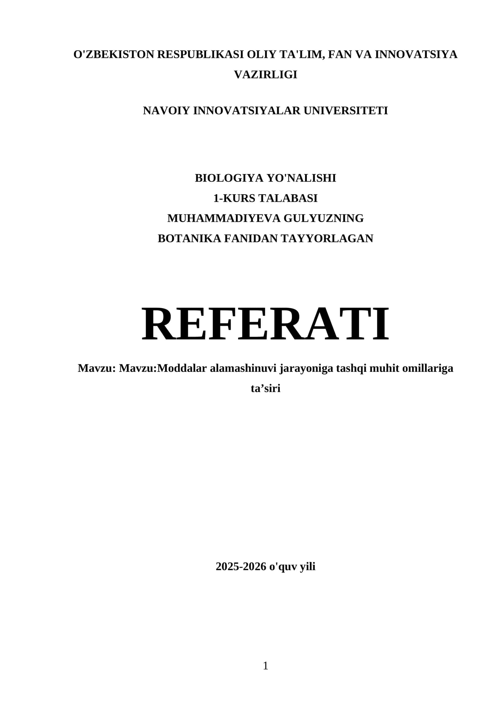 MUHAMMADIYEVA GULYUZNING BOTANIKA FANIDAN TAYYORLAGAN REFERATI