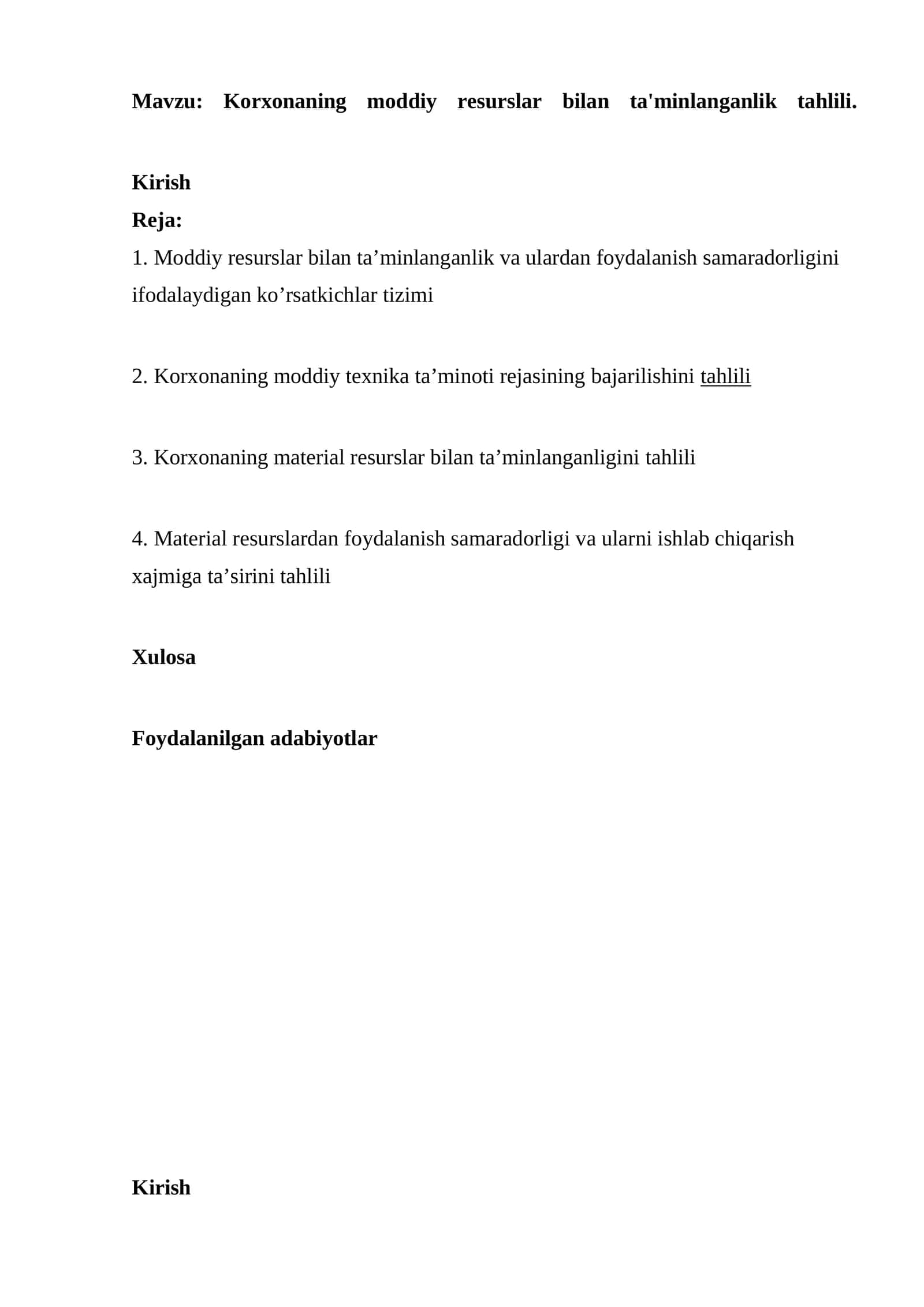 Korxonaning moddiy resurslar bilan ta'minlanganlik tahlili