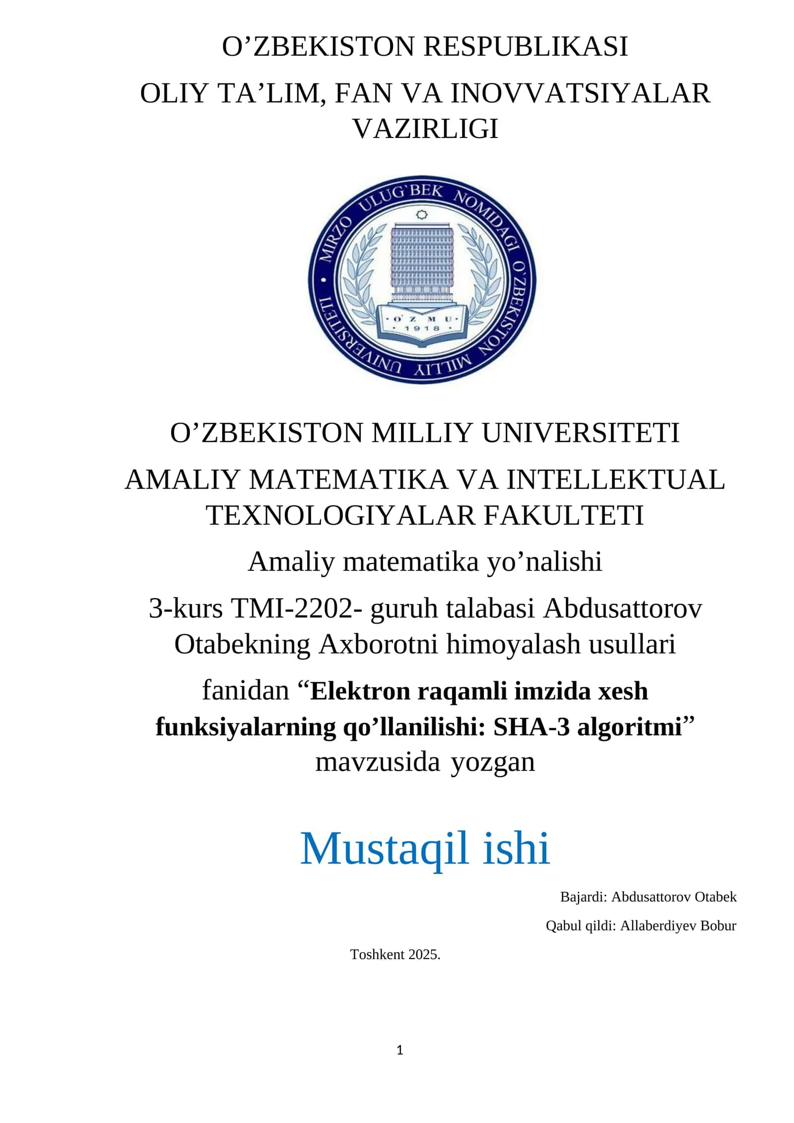 Elektron raqamli imzida xesh funksiyalarning qo’llanilishi: SHA-3 algoritmi