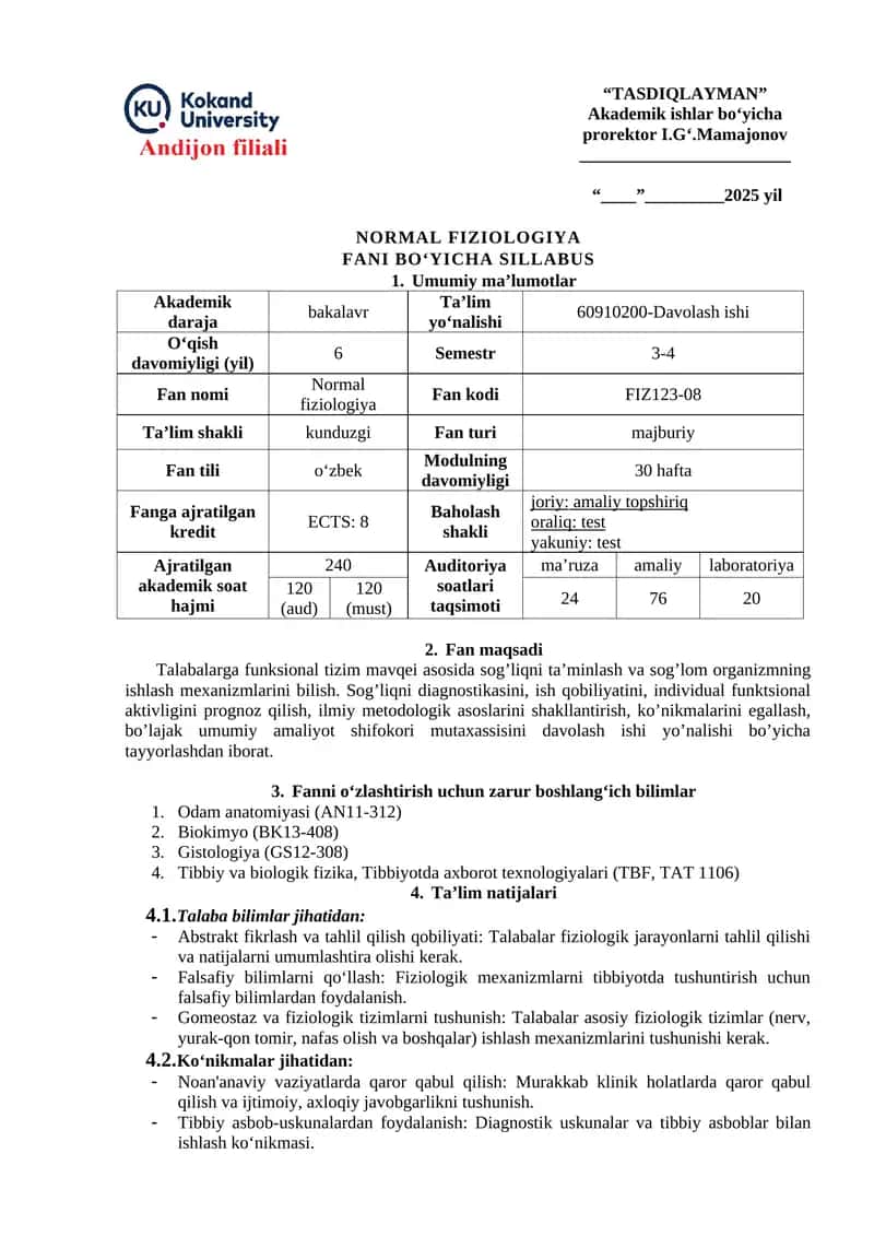 NORMAL FIZIOLOGIYA FANI BO‘YICHA SILLABUS