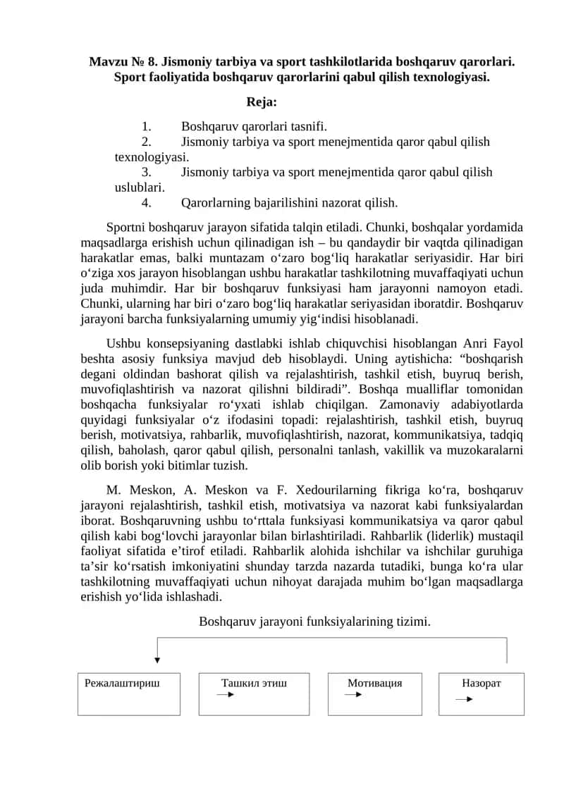 Jismoniy tarbiya va sport menejmentida qaror qabul qilish uslublari