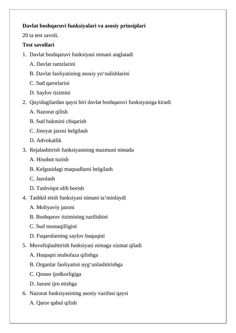 Davlat boshqaruvi funksiyalari va asosiy prinsiplari
