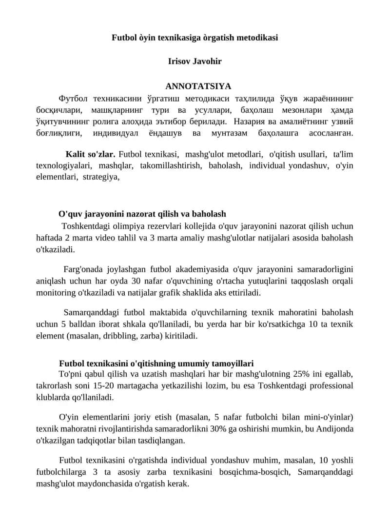 Futbol òyin texnikasiga òrgatish metodikasi