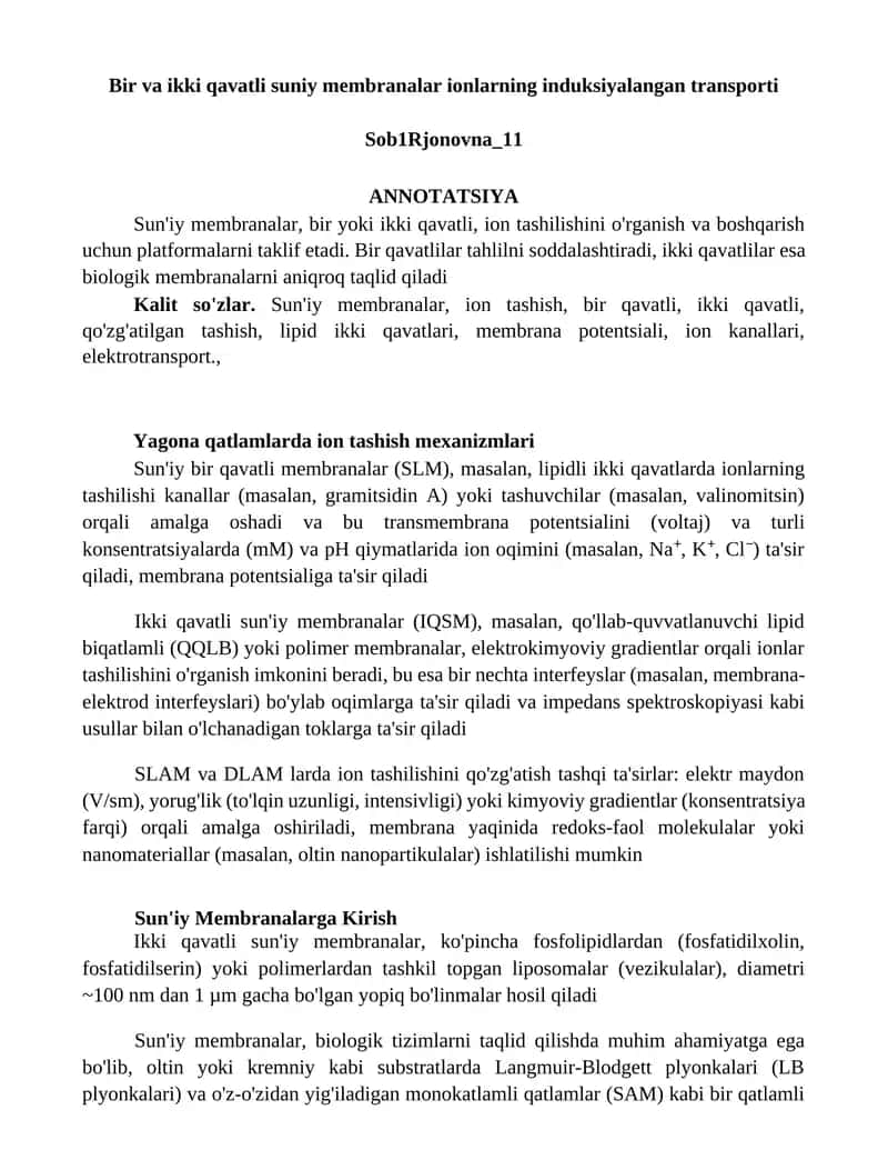 Yagona qatlamlarda ion tashish mexanizmlari
