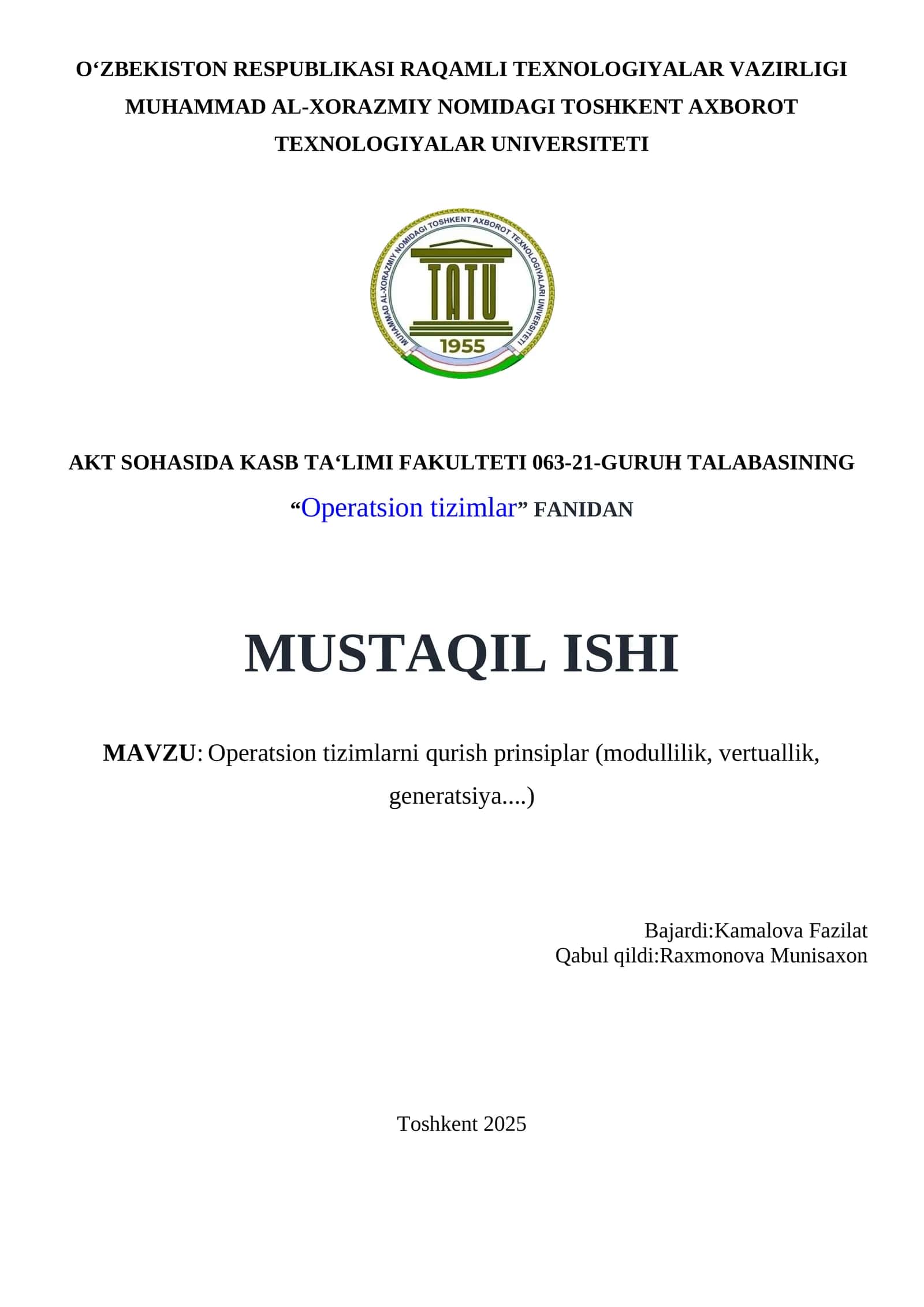 Operatsion tizimlarni qurish prinsiplar