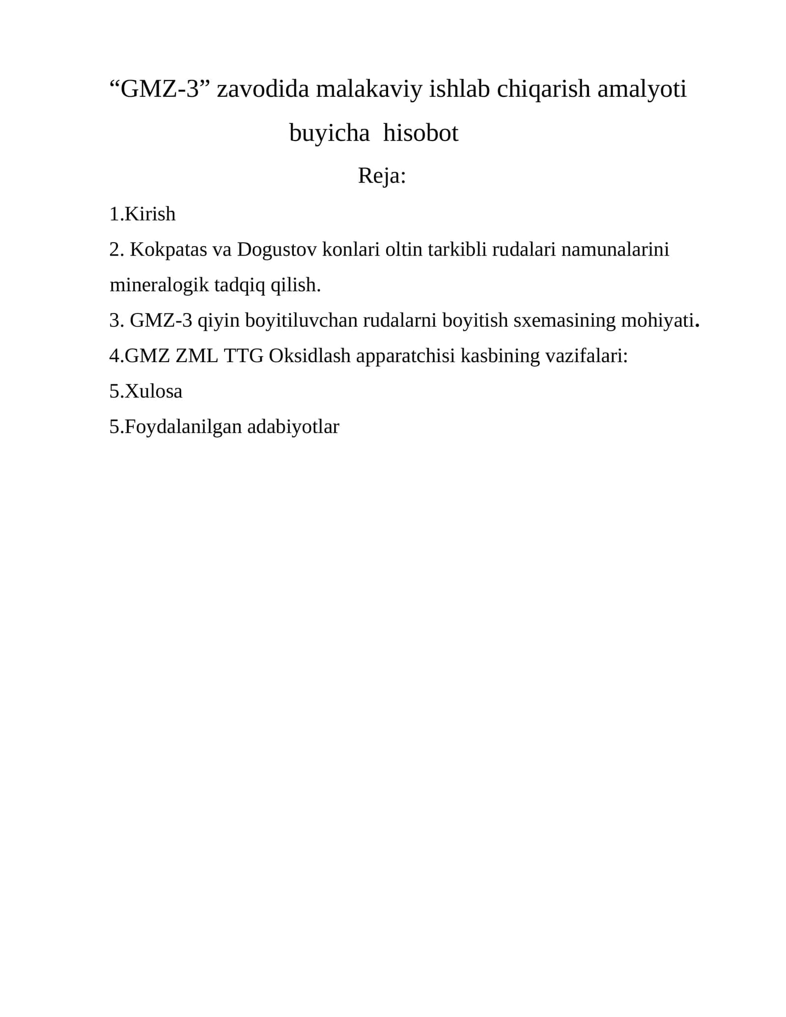 “GMZ-3” zavodida malakaviy ishlab chiqarish amalyoti buyicha hisobot