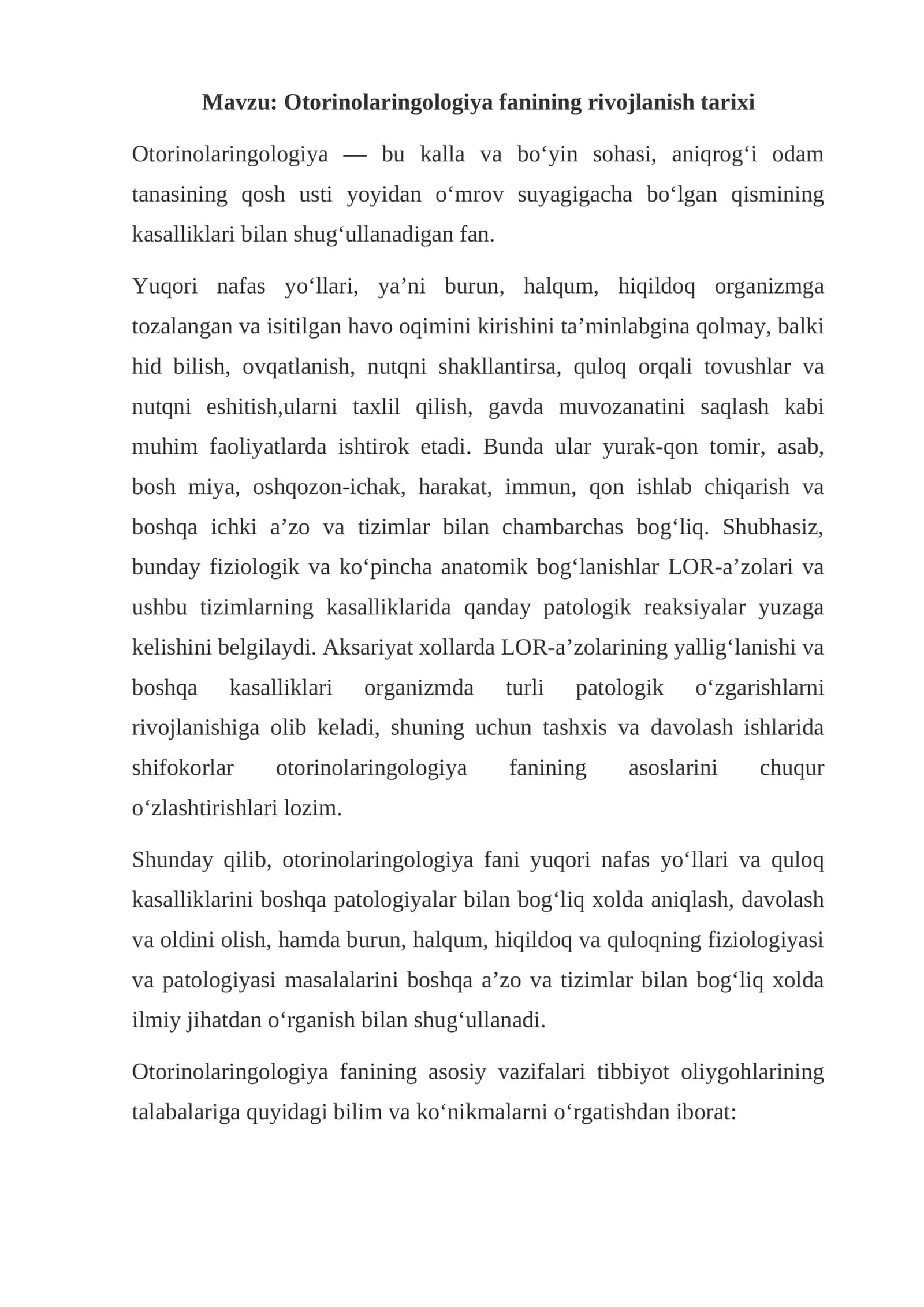 Otorinolaringologiya fanining rivojlanish tarixi