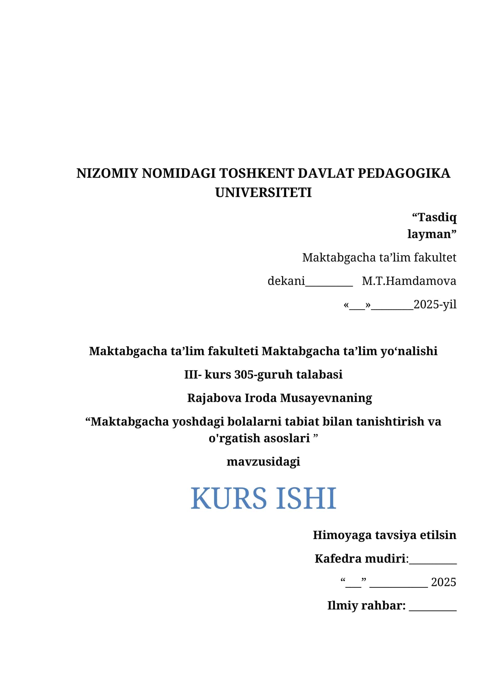 "Maktabgacha yoshdagi bolalarni tabiat bilan tanishtirish va o'rgatish asoslari"